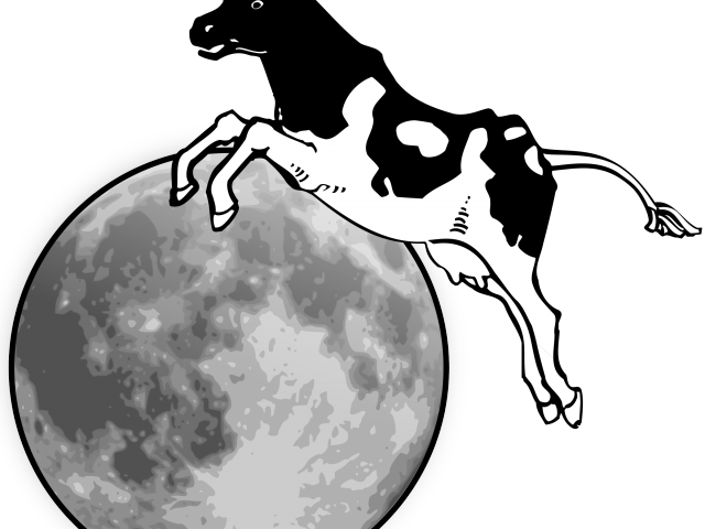 跳過月亮的牛插圖 壁紙 — 一匹風格化的白馬動態地躍過一個有紋理的灰色月亮，背景是 stark 黑色。