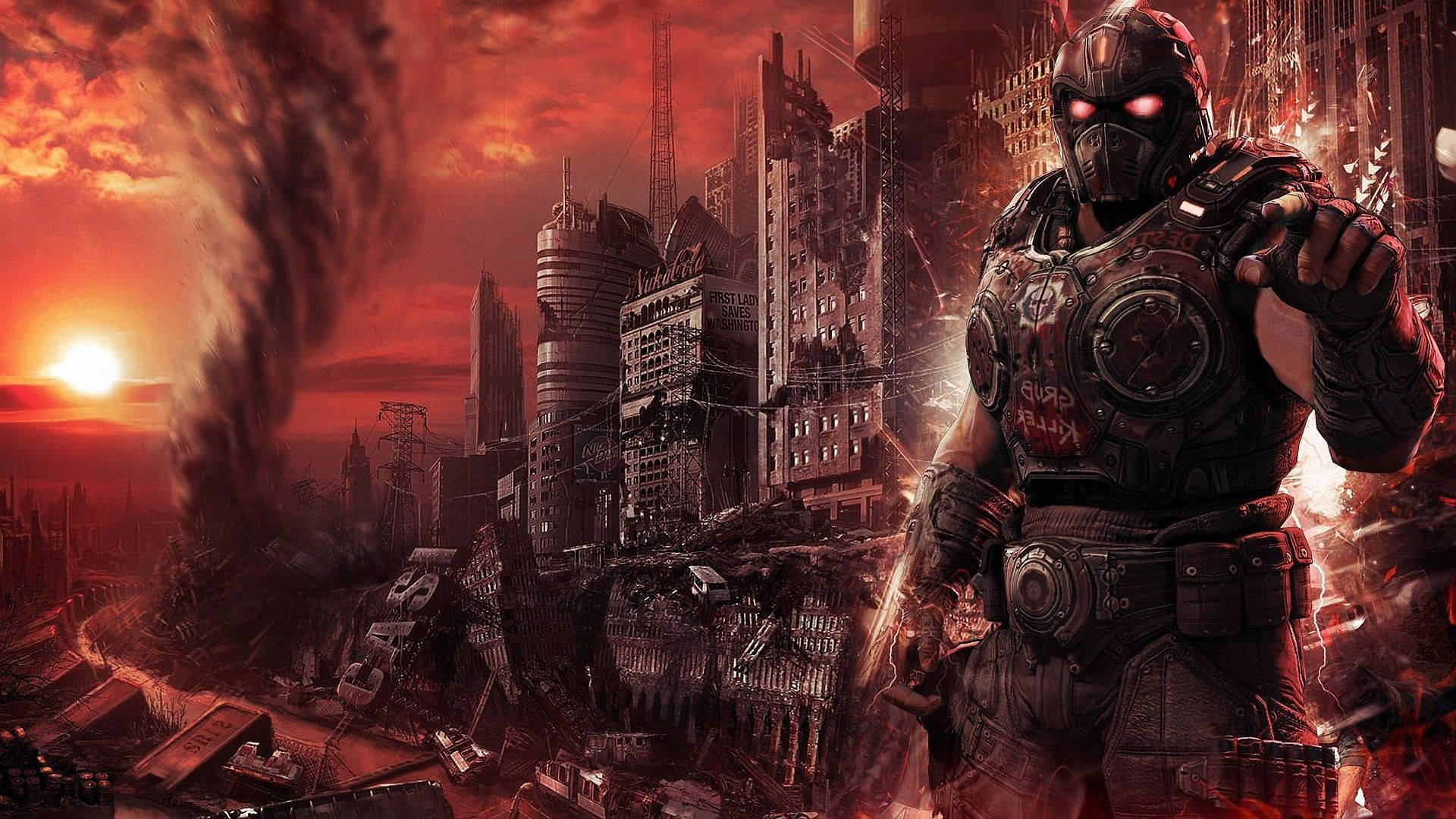 廢墟未來城市中火紅夕陽下的裝甲戰士