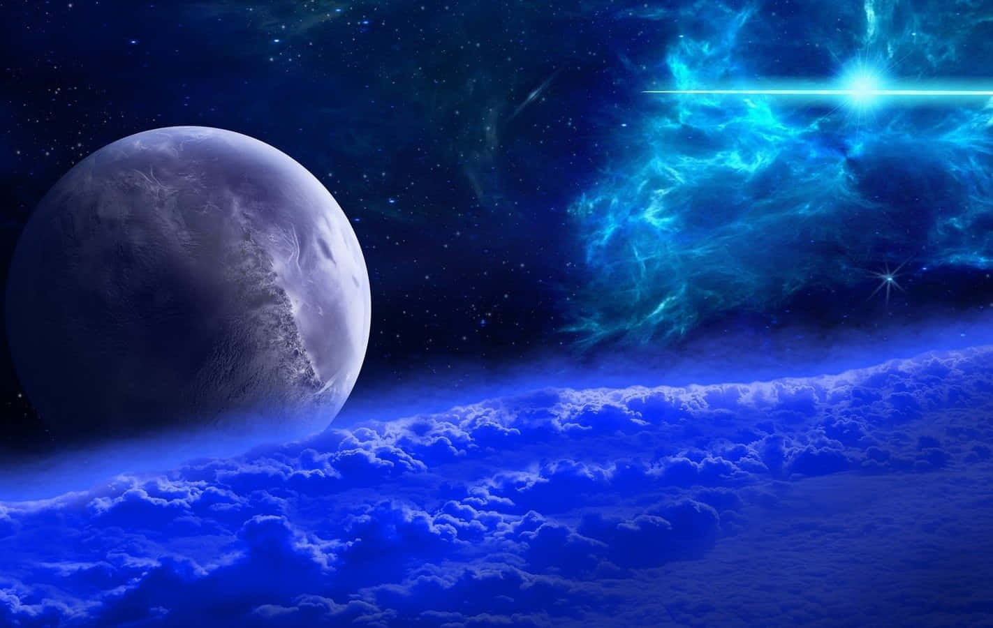 藍色星雲在繁星點點的天空中照耀著一顆漂浮的行星，下方有雲層。
