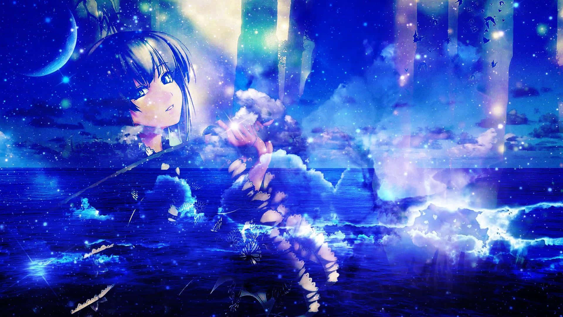 星空下，月亮和雲朵伴隨的閃爍藍色水中的動漫女孩