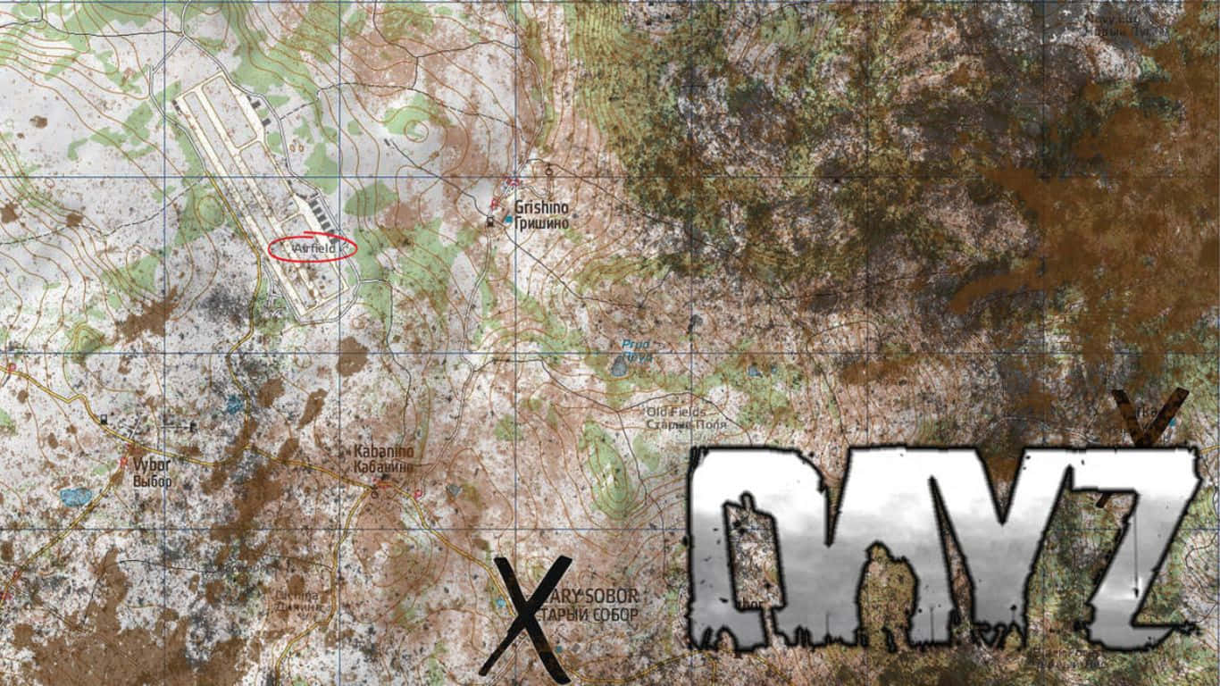 一張帶有「DAYZ」標誌和俄羅斯地名的舊遊戲地圖。
