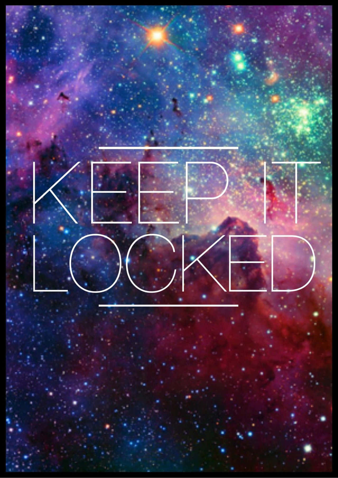 宇宙星雲，帶有發光的星星和粗體白色文字 keep it locked。