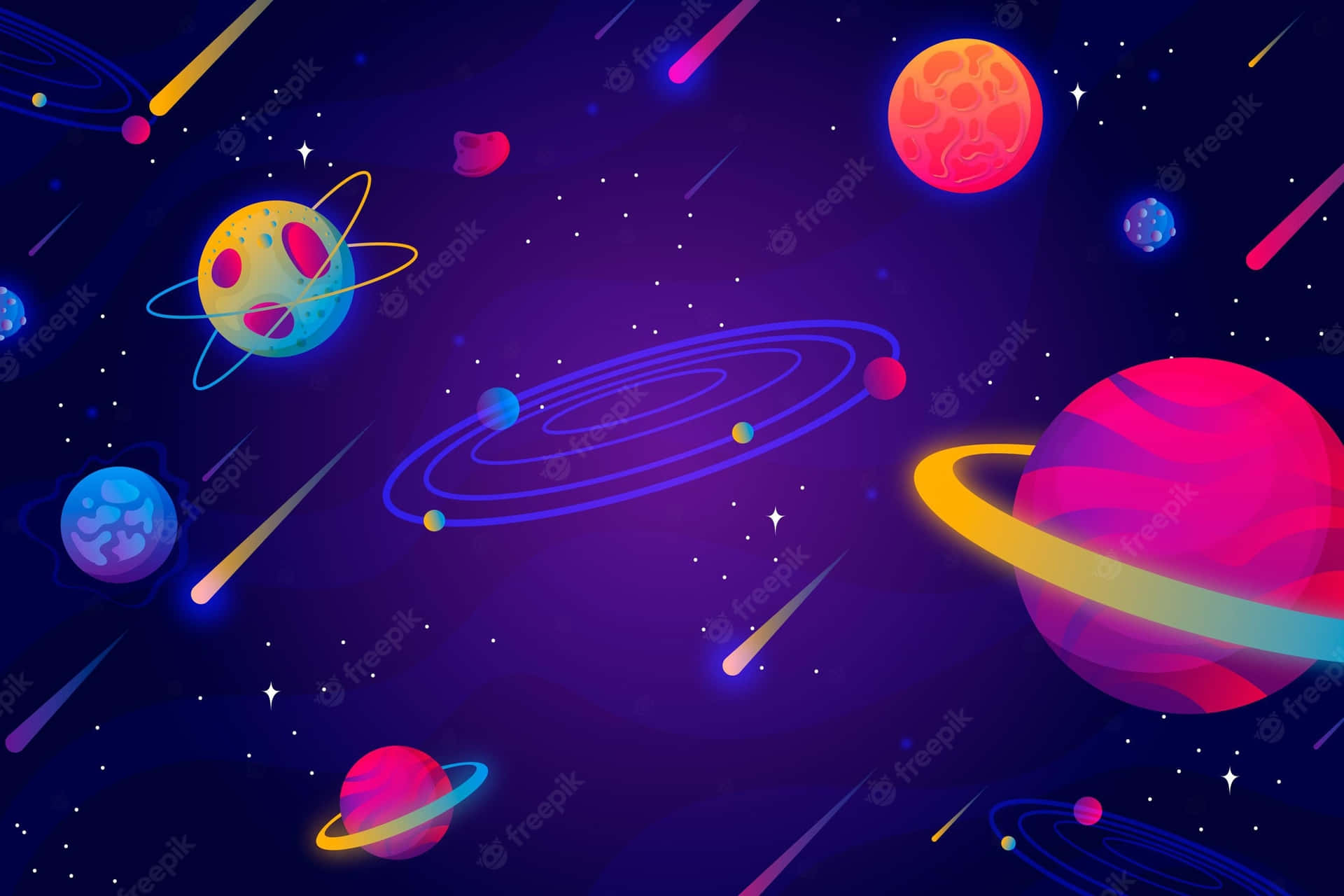充滿活力的宇宙場景中，色彩繽紛的卡通行星和流星。