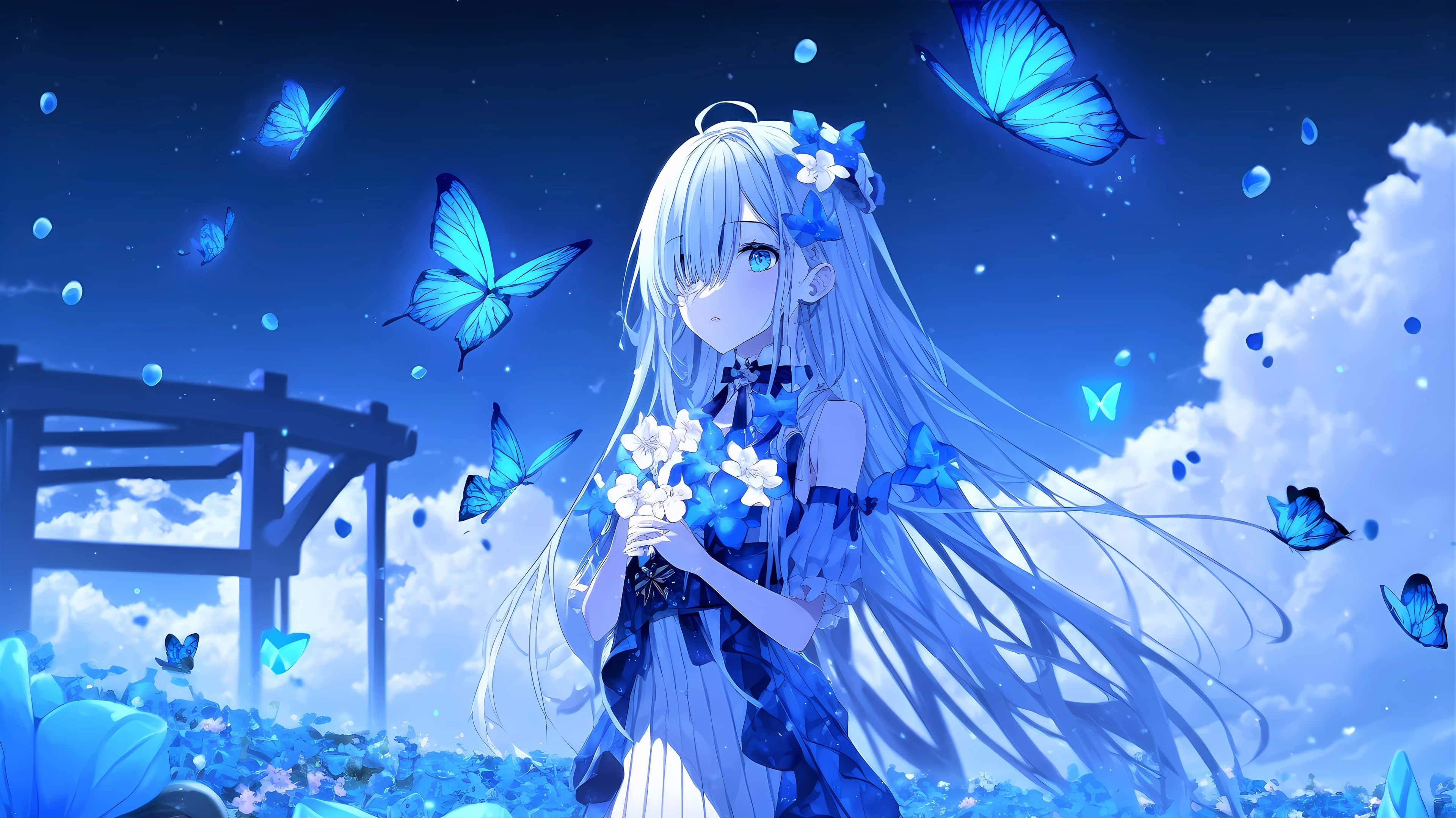 踏上奇幻冒險的可愛動漫少女 壁紙 — 一位寧靜的動漫女孩，銀色頭髮和藍色眼睛，在繁星點點的夜空下，手持白色花朵，周圍環繞著發光的藍色蝴蝶。