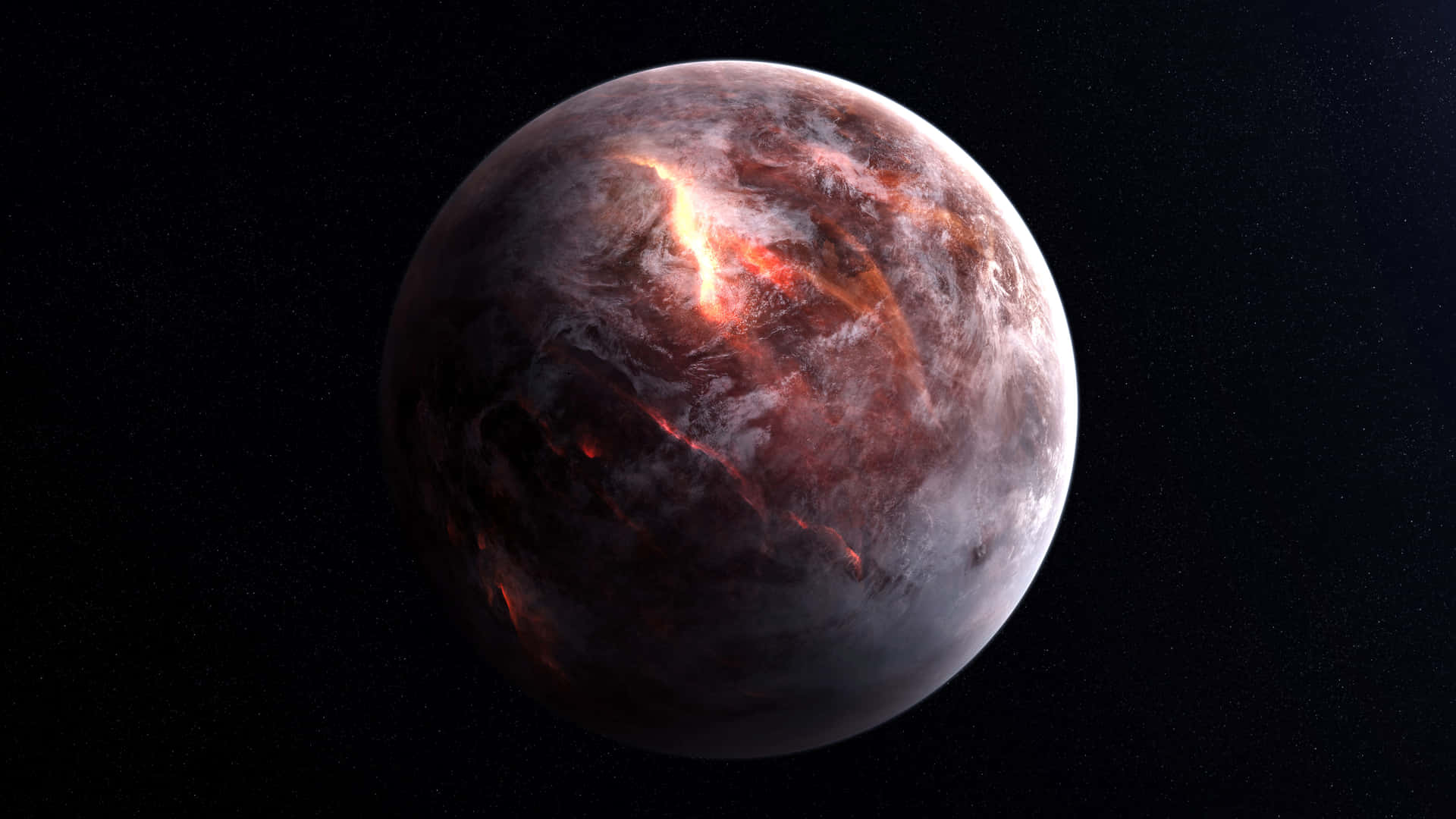 一個在深空中噴發著發光熔岩流的熔融行星。