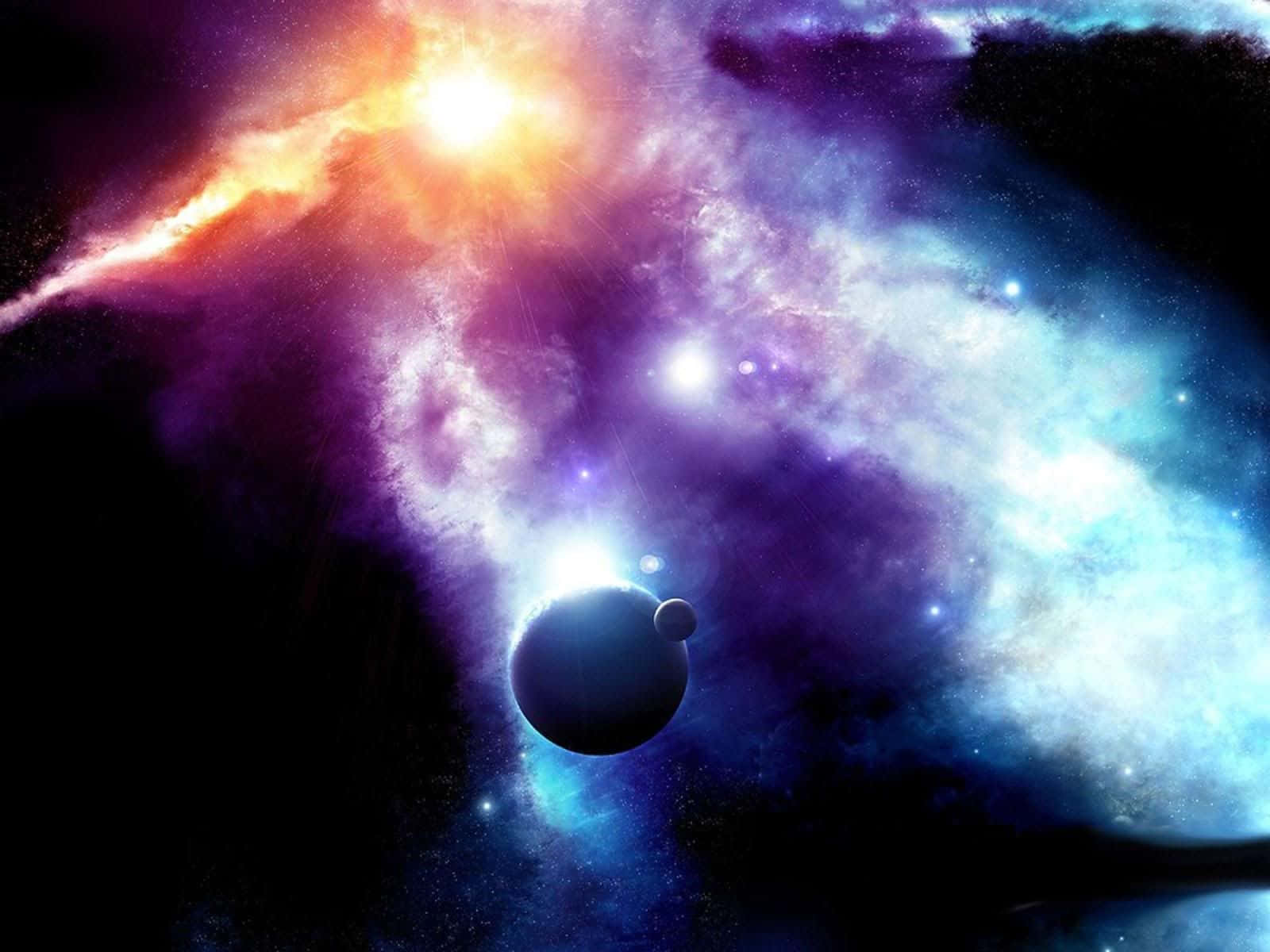一個色彩繽紛的宇宙星雲，有發光的恆星和兩顆行星漂浮在太空中。