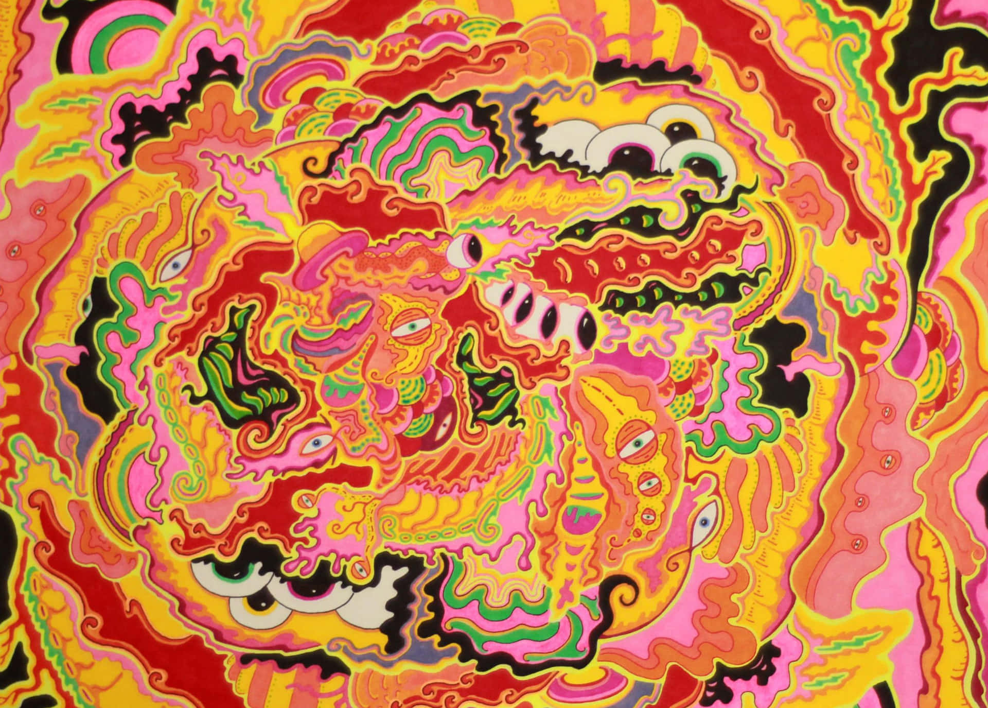 迷幻藝術，帶有旋轉色彩和漂浮眼睛