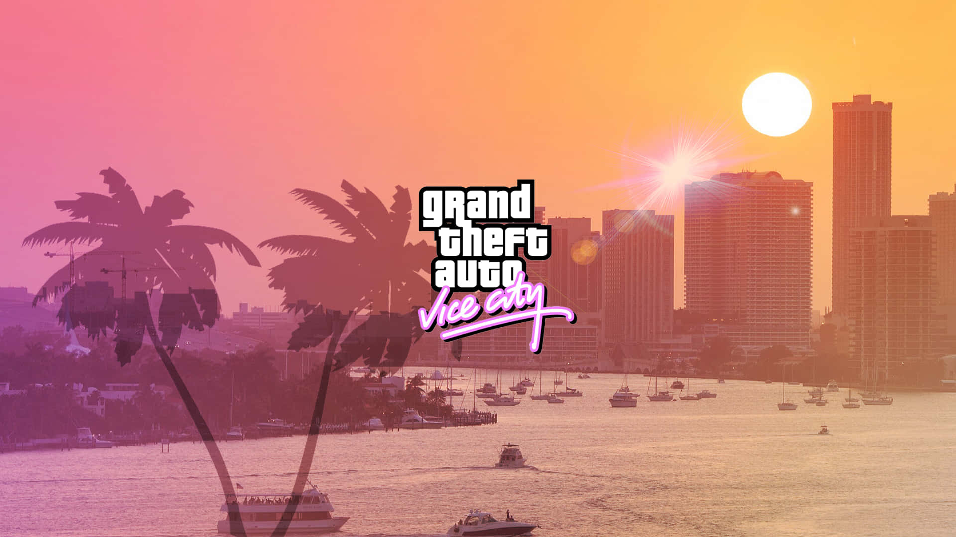 Grand Theft Auto Vice City 日落場景，有棕櫚樹、船隻和城市天際線。