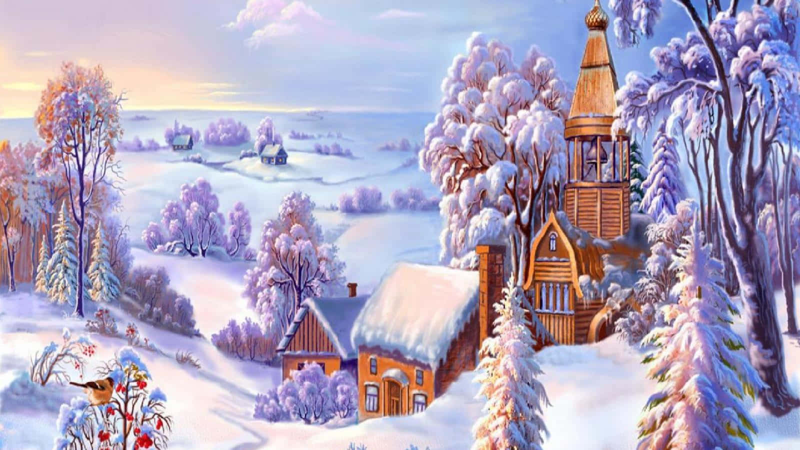 雪村中，木製教堂和小屋被結霜的樹木環繞。