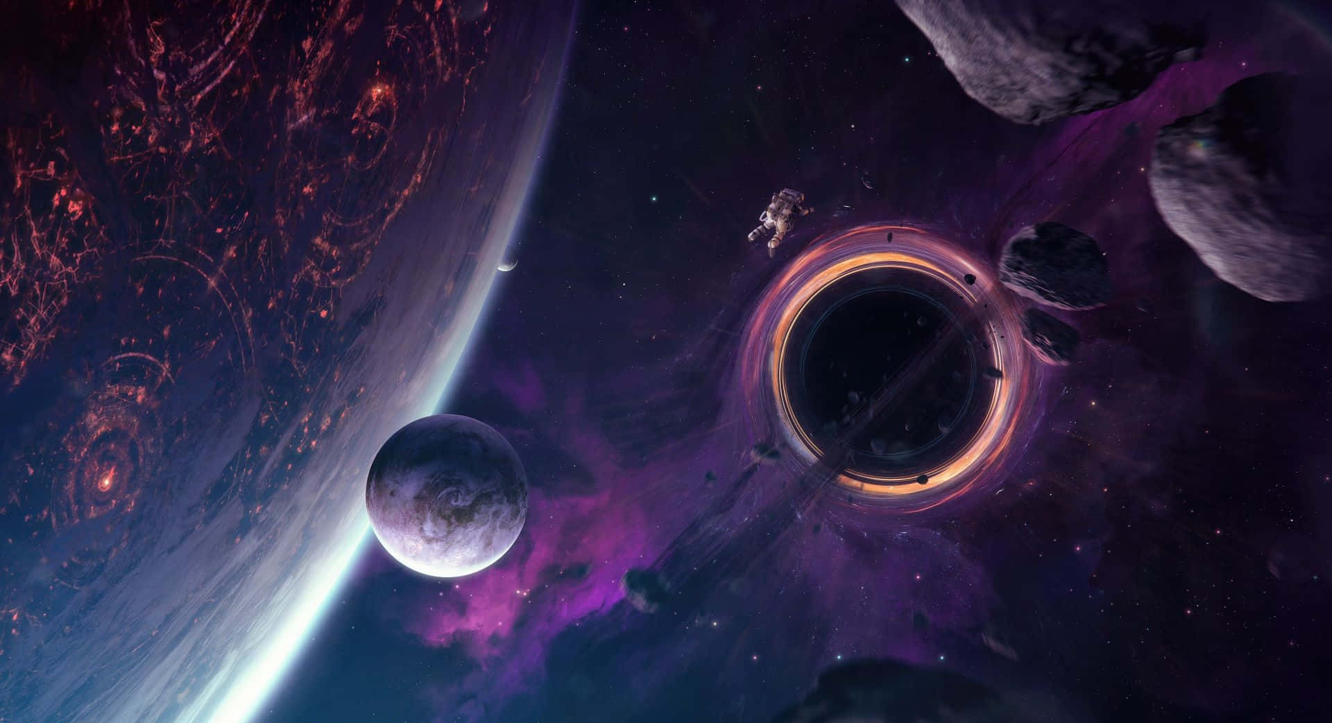 太空人在發光的蟲洞附近，周圍有行星和小行星在深空中。