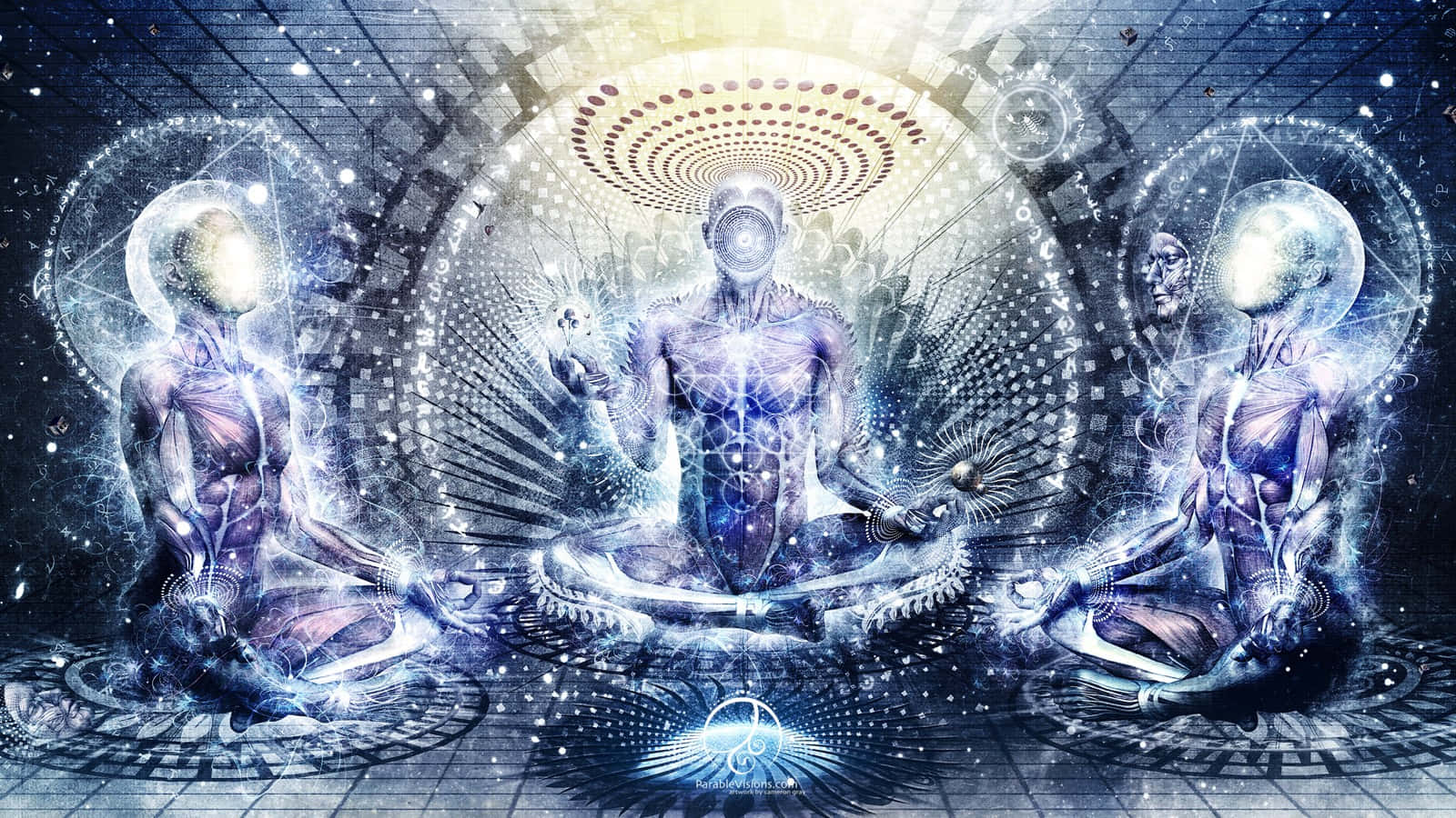 三個發光冥想人物在一個未來主義的數位寺廟中，帶有能量圖案。