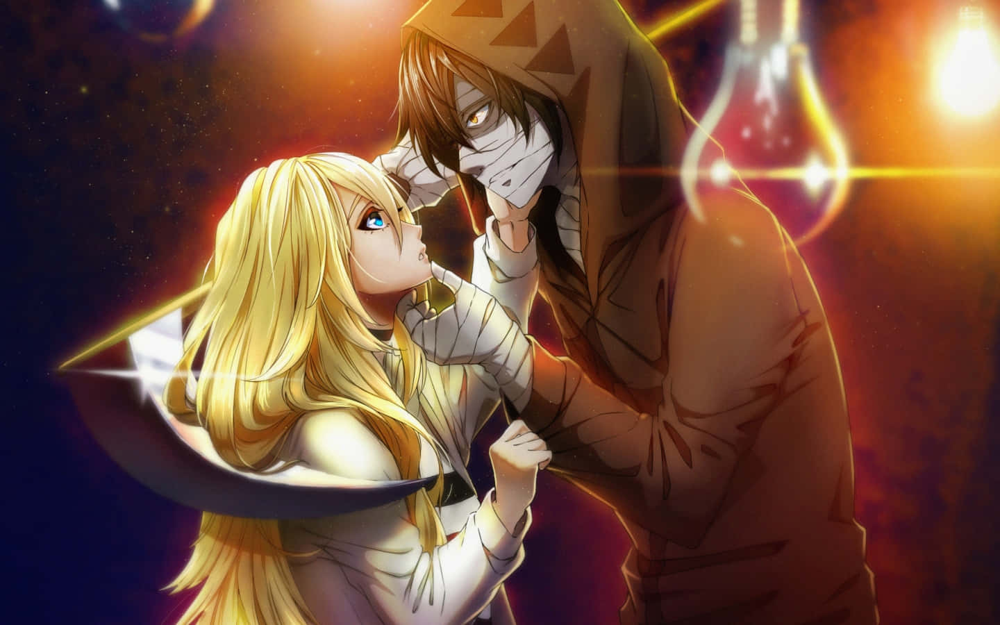 踏入《Angels Of Death》的世界 壁紙 — 一個戴著面具的動漫角色穿著連帽衫，在發光的宇宙背景和漂浮的燈泡前擁抱一位金髮女子。