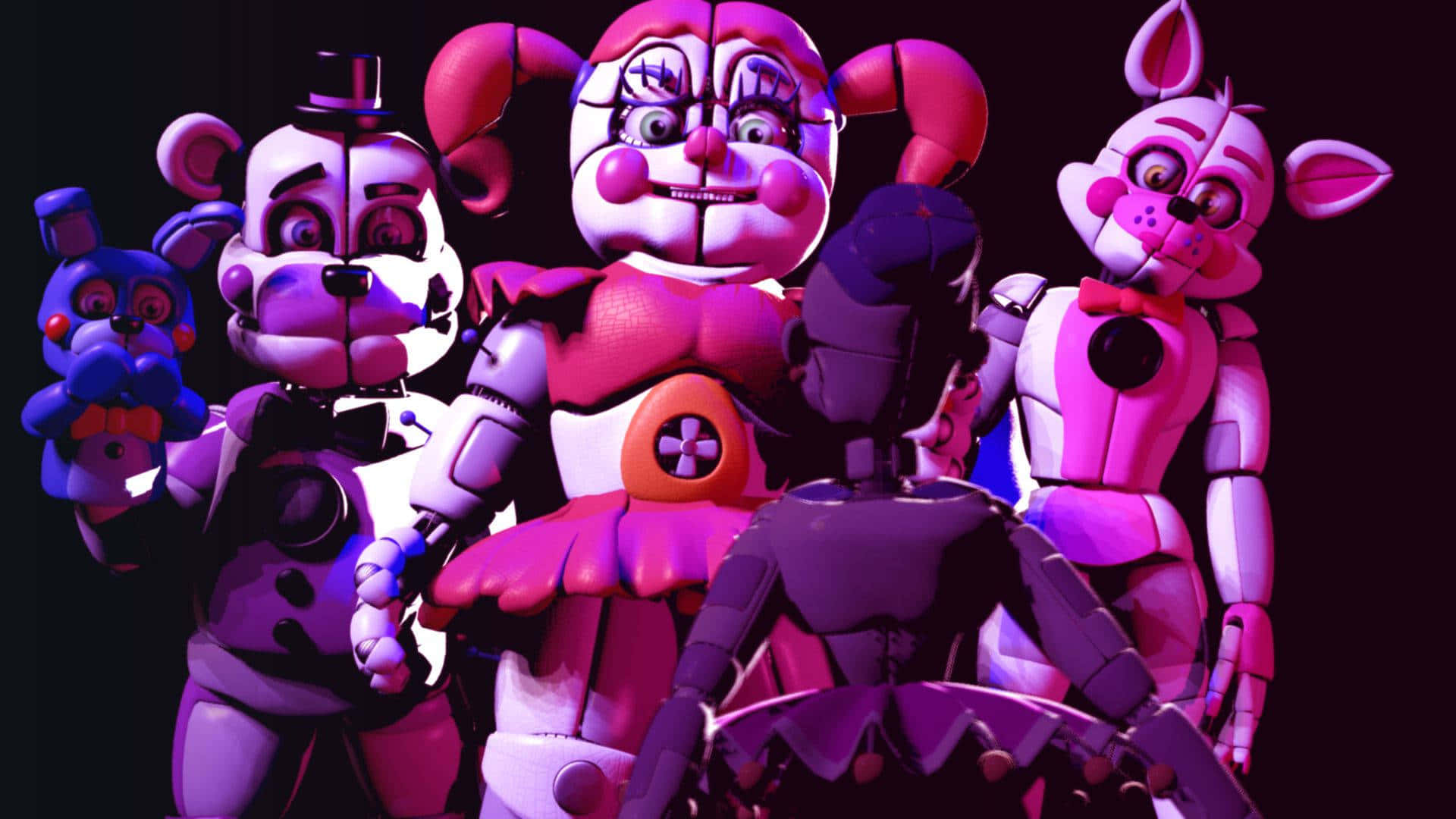在粉紅和紫色燈光的黑暗房間中的《Five Nights at Freddy's》機械人偶。