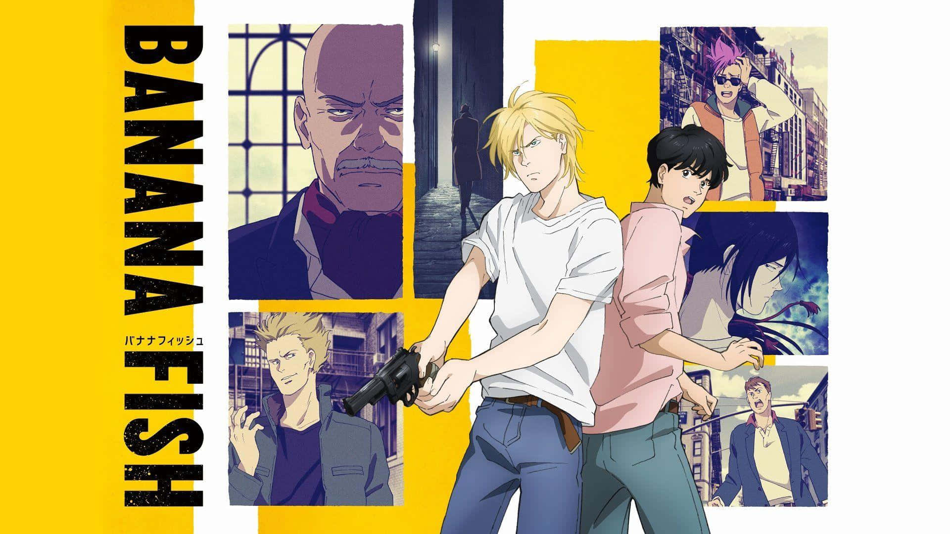 踏入《Banana Fish》的緊張世界：阿什與岡村誠 壁紙 — 《Banana Fish》動畫海報，一名金髮男子持槍，其他角色身處都市場景，背景為大膽的黃色。