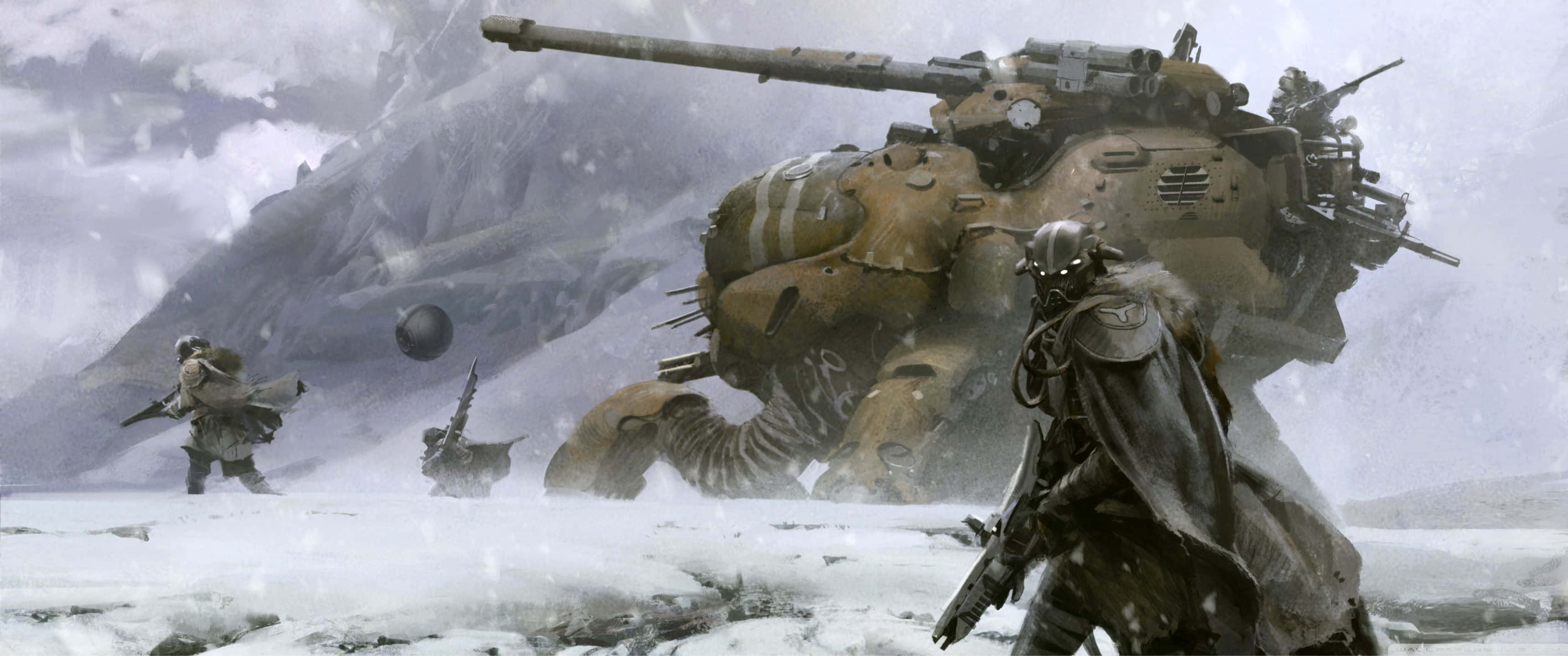 踏入《Destiny 2》的宇宙世界 壁紙 — 身穿重型裝備的士兵在雪地戰場上，伴隨著一輛巨大的裝甲坦克前進，背景是山脈。