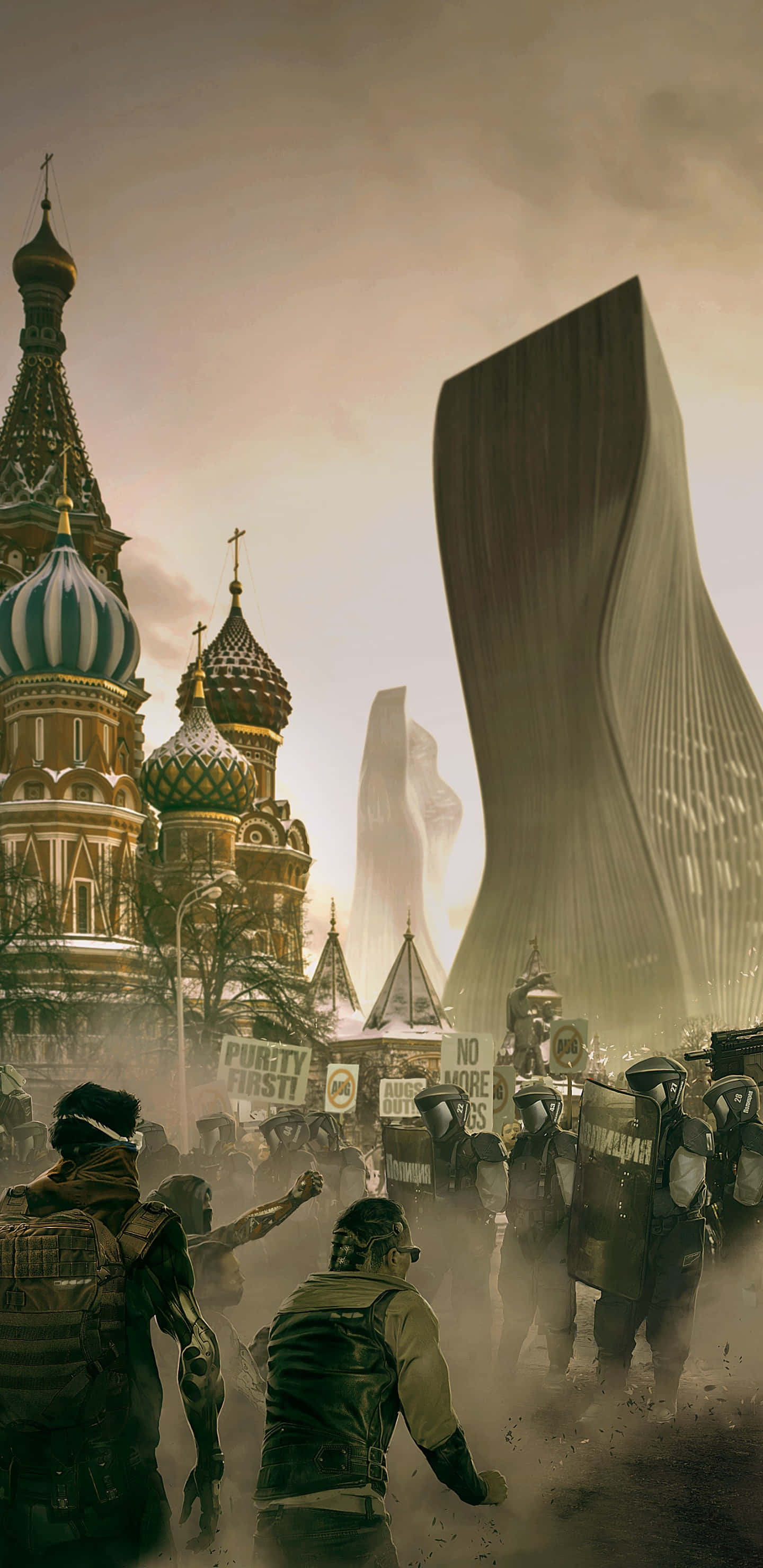 踏入《Deus Ex: Mankind Divided》的安卓未來 壁紙 — 抗議者與防暴警察在煙霧瀰漫的城市街道上衝突，旁邊是聖巴西爾大教堂和一座高聳的未來主義建築。