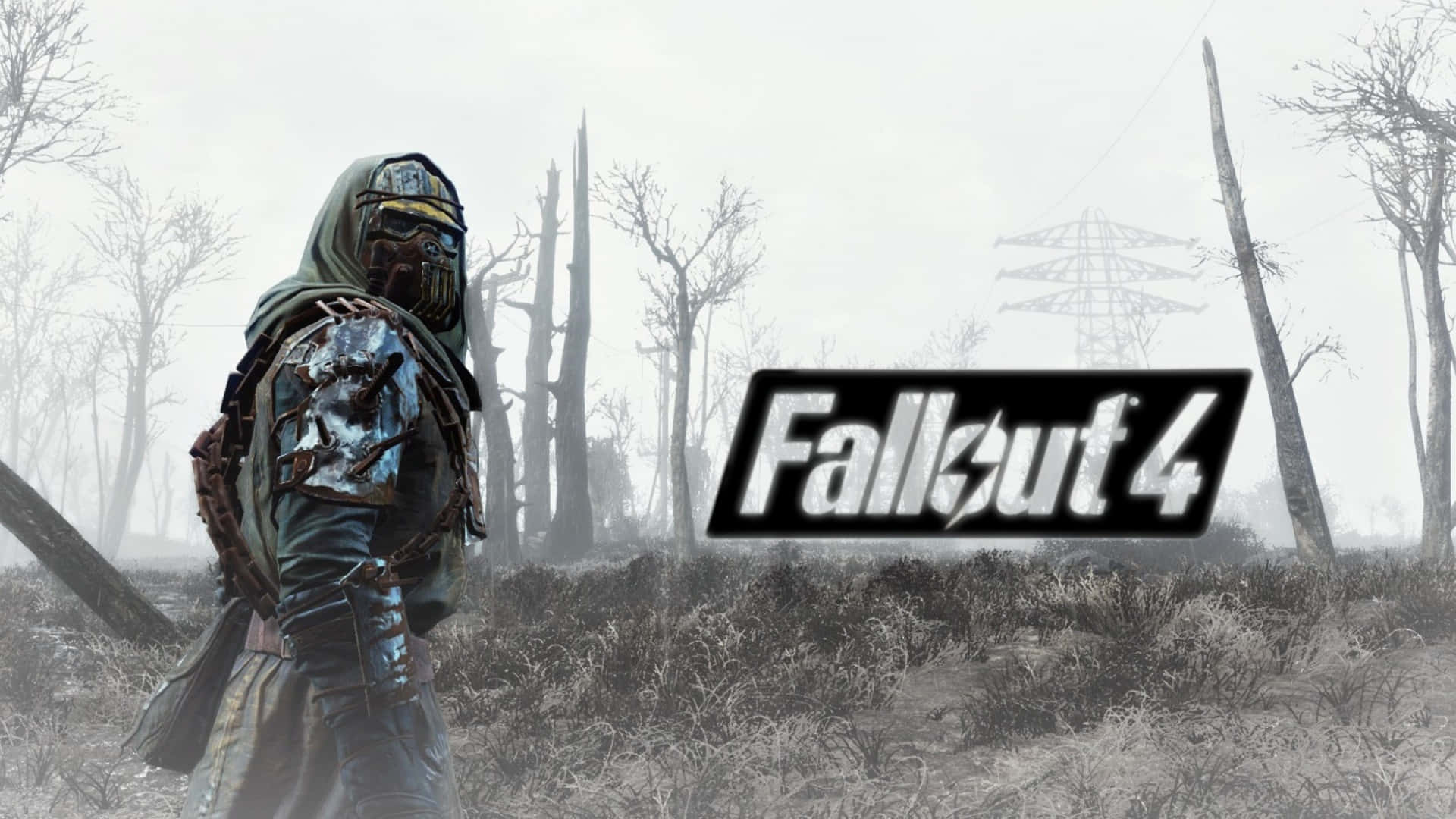 Fallout 4標誌與一個戴兜帽的倖存者在廢棄森林中。