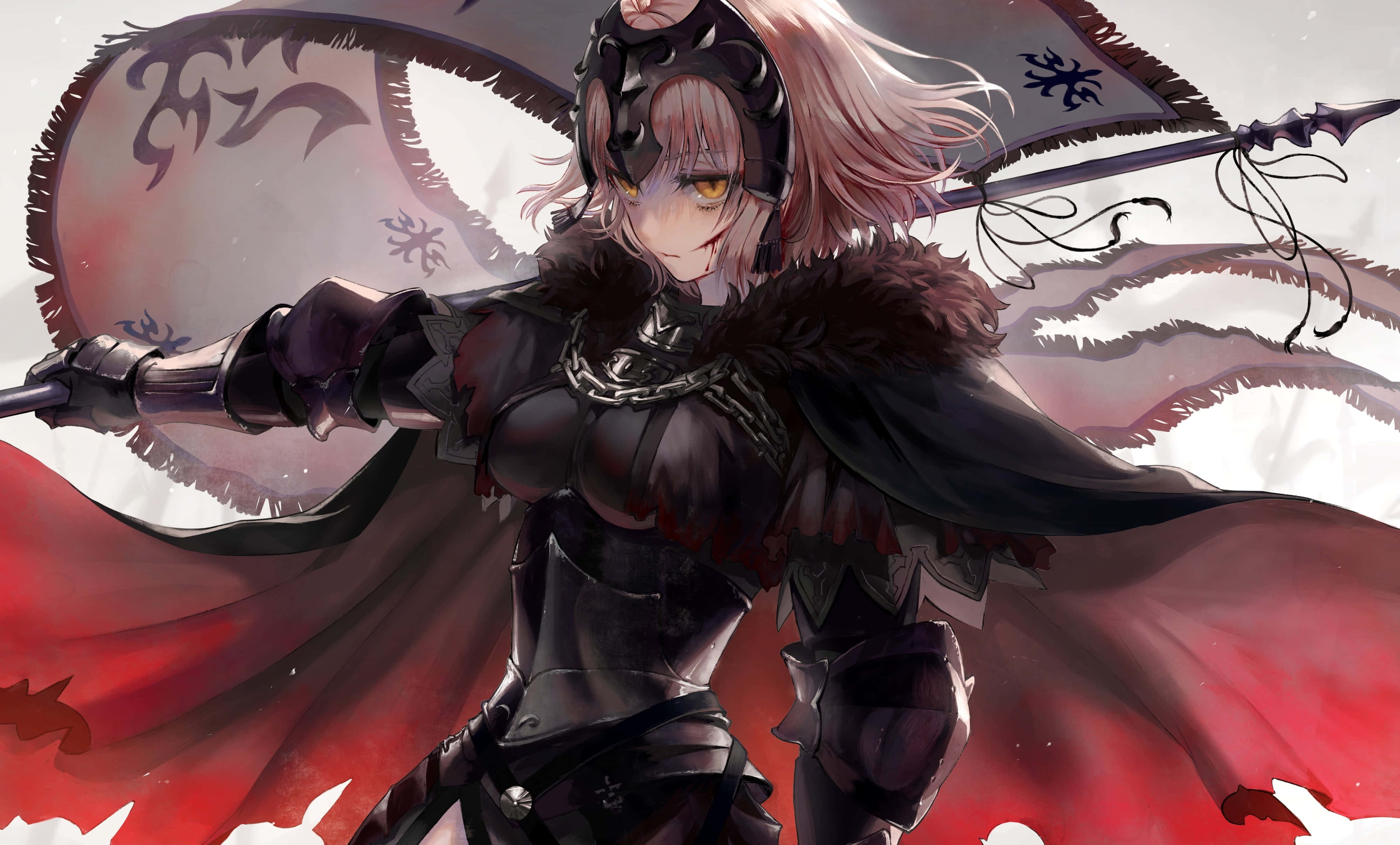 踏入《Fate Grand Order》的旅程 壁紙 — 一位兇猛的動漫戰士，粉紅色頭髮和黃色眼睛，在飄逸的紅色斗篷下揮舞長矛和盾牌，背景是雪景。