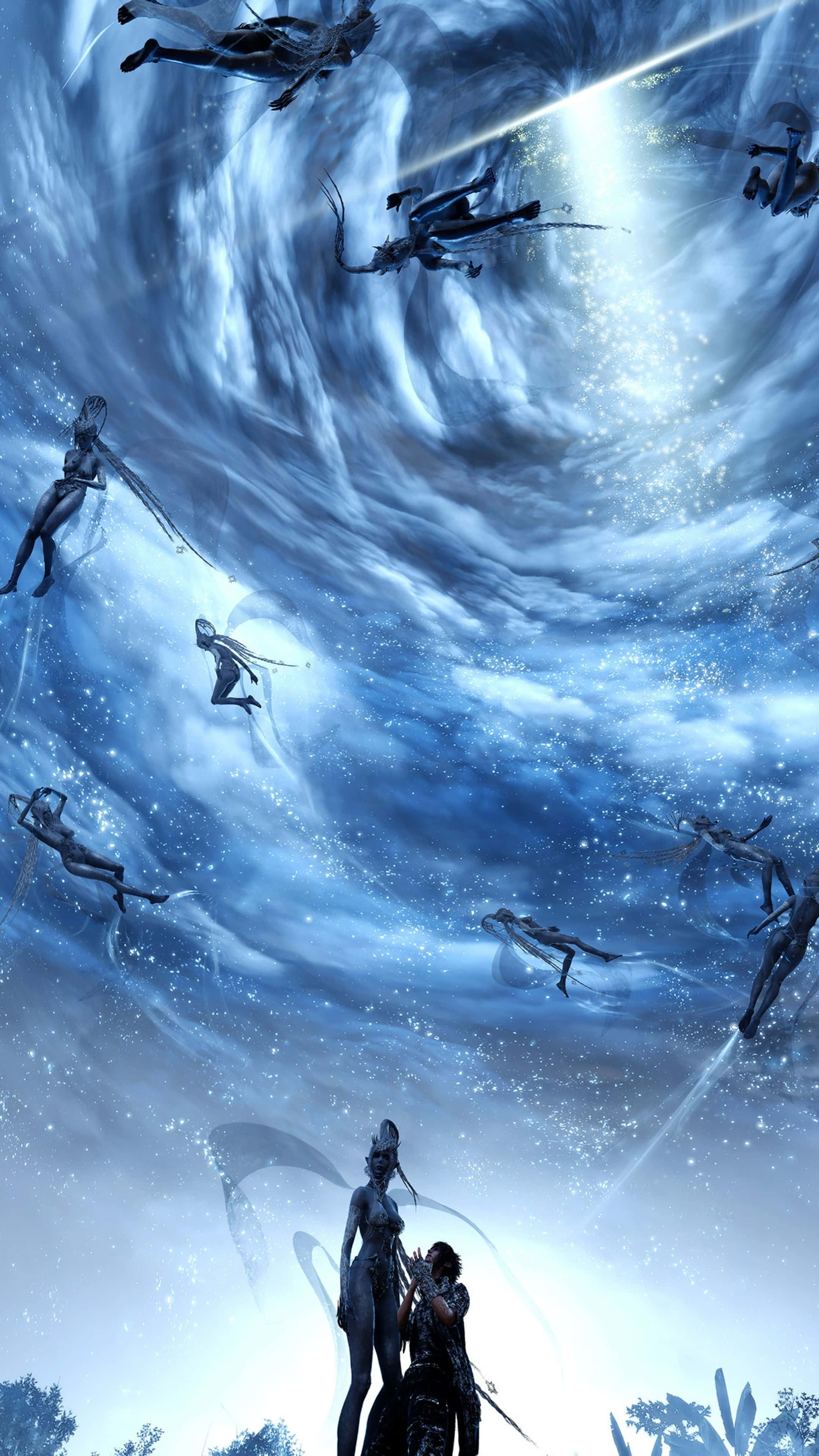 踏入《Ff 15》的奇幻領域 壁紙 — 兩個人物站在一個充滿漂浮戰士和發光能量光束的旋轉宇宙漩渦下方。