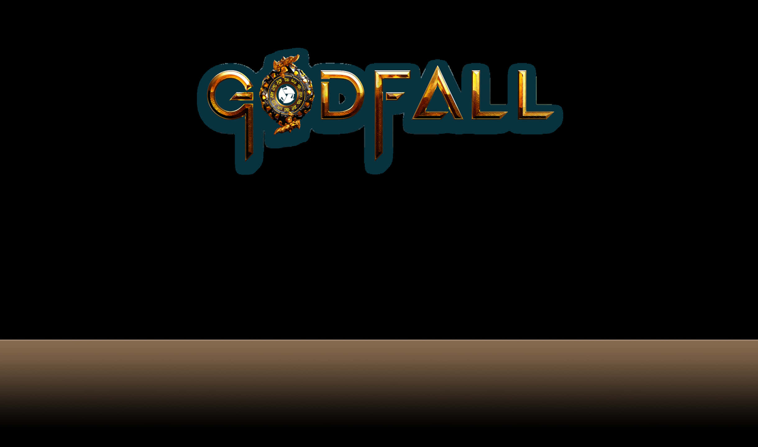 踏入《Godfall》的冒險領域 壁紙 — Godfall 標誌以華麗的金色和藍綠色在純黑背景和漸變棕色地板上發光。