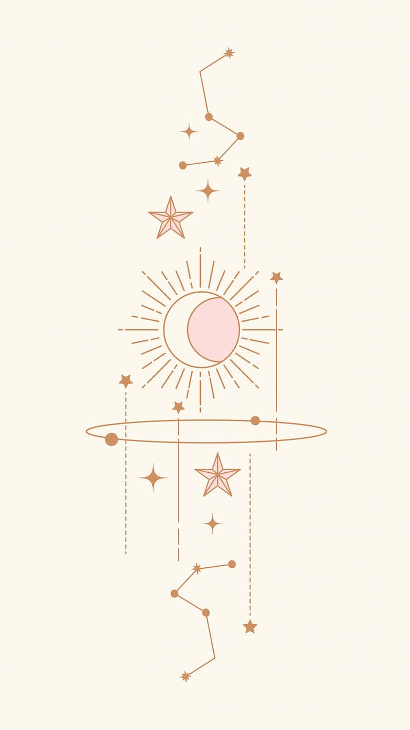 包括月亮、太陽、星星和星座在內的天體符號，以極簡線條藝術風格呈現。