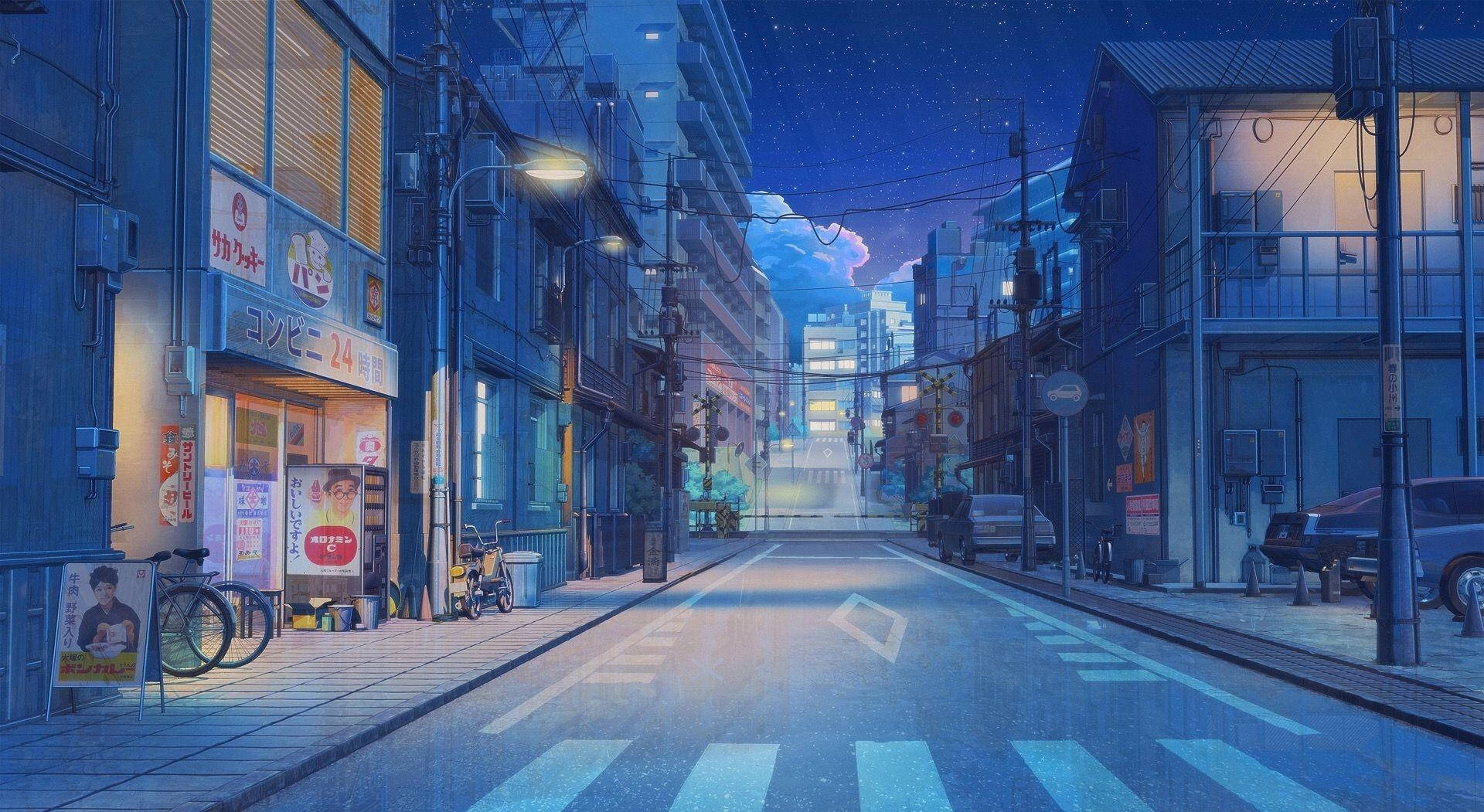 夜晚寧靜的日本城市街道，發光的招牌和濕漉漉的人行道反射著星星。