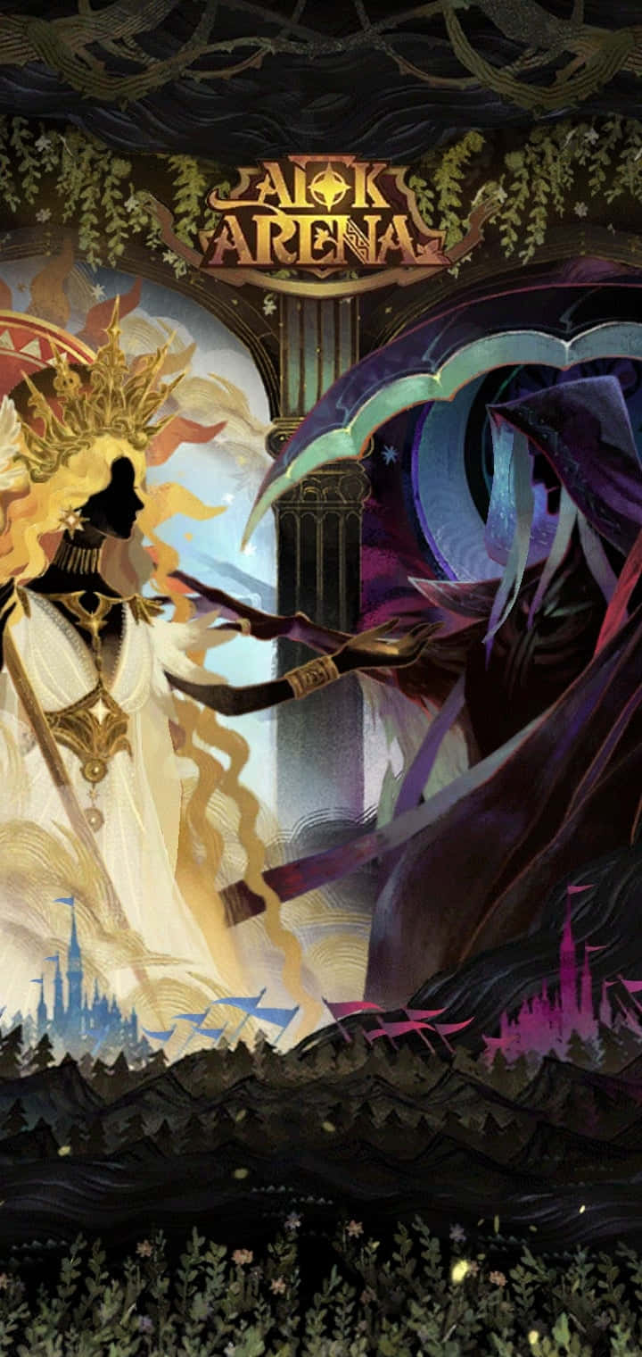 踏入Afk Arena的戰鬥 arena 壁紙 — 一幅戲劇性的奇幻插圖顯示一個光芒四射的金色人物在一個有發光藤蔓和遠處城堡的競技場中面對一個深紫色兜帽人物。