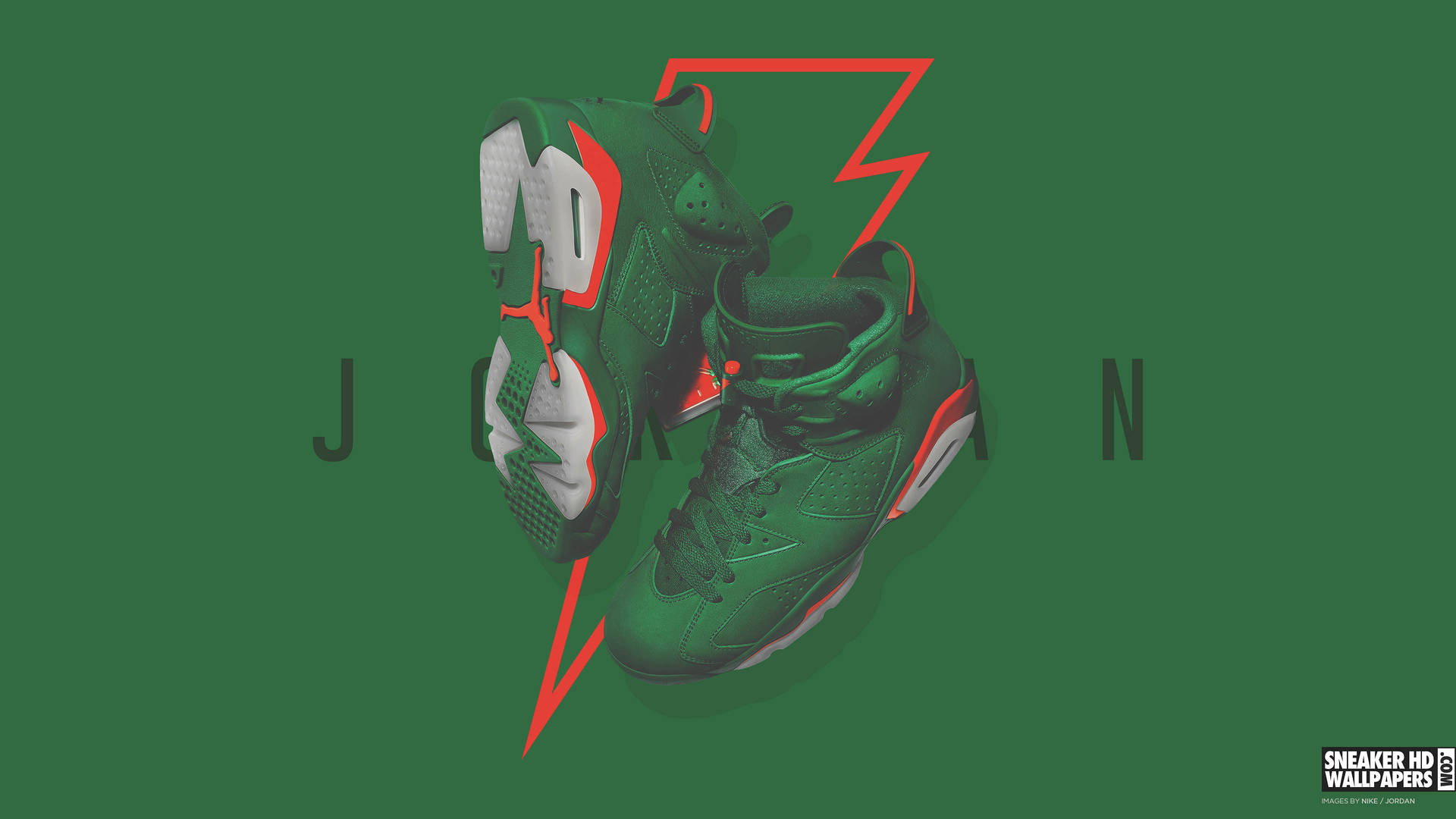 綠色 Jordan 6 運動鞋，在綠色背景上帶有紅色閃電圖案。
