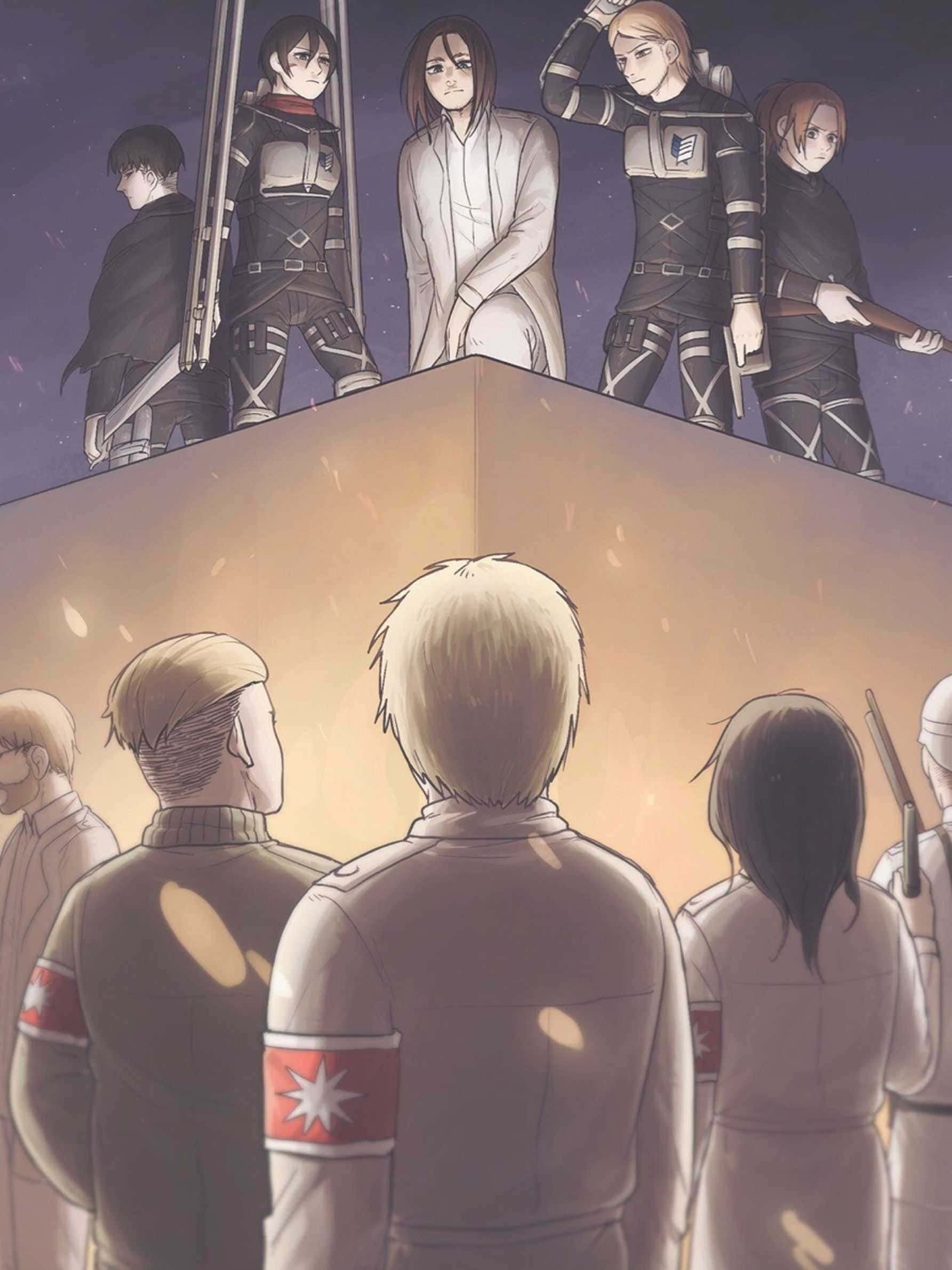「踏入冒險世界，與《進擊的巨人》同行！」 壁紙 — 穿著軍服的動畫角色站在牆上，俯瞰下方的一群人，背景是星光閃爍的黃昏天空。