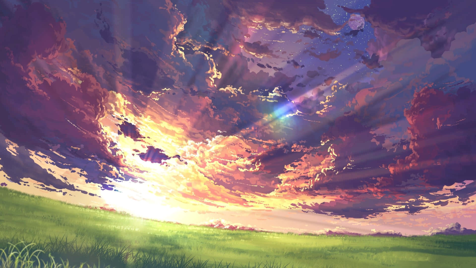 踏入動漫風景的魔法世界 壁紙 — 夕陽西下，天空染上熾熱的橙色和深紫色，映照在翠綠的田野上。