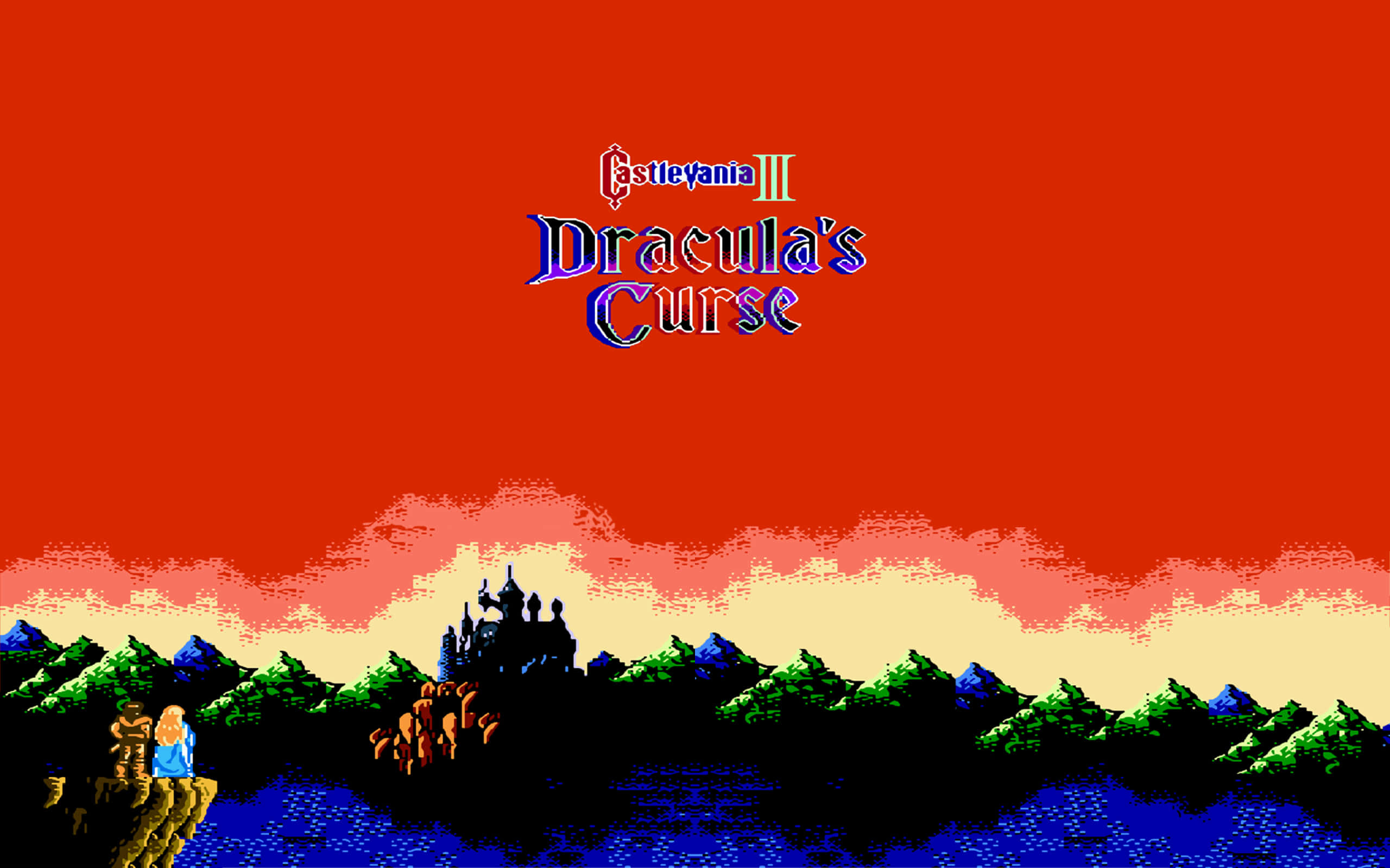 踏入卡斯特爾維亞的陰影深處 壁紙 — Castlevania III Dracula's Curse 的像素化標題畫面顯示一座城堡位於懸崖上，俯瞰水面，下方有兩個角色，背景是火紅的天空。