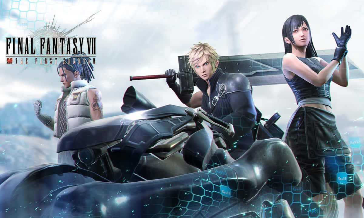 在科幻場景中，Final Fantasy VII角色與未來風格的電單車。
