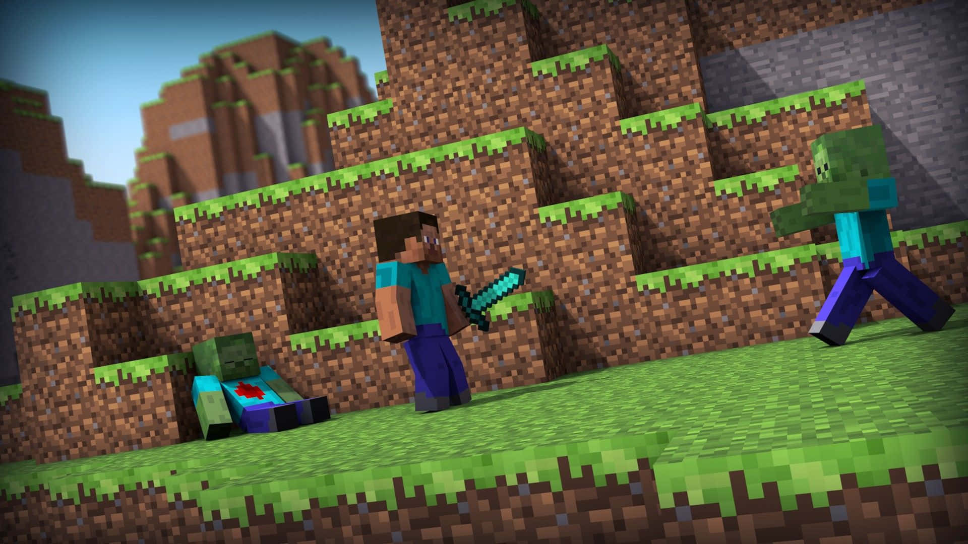 踏入奇幻世界：Minecraft的翠綠草地 壁紙 — 一位Minecraft玩家在晴朗天空下的方塊草地地形上，揮舞鑽石劍對抗兩隻殭屍。