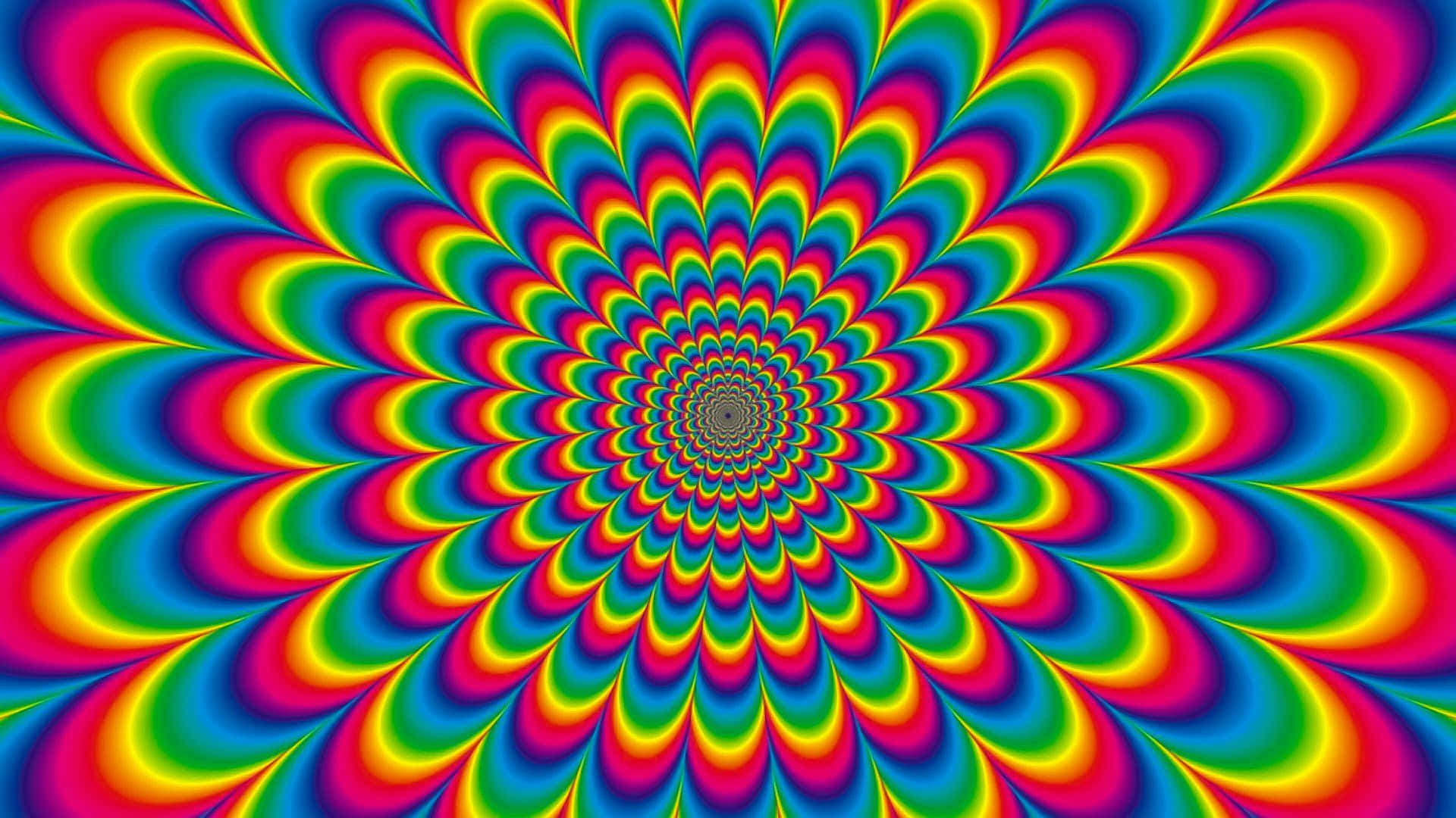 踏入奇幻與幻覺的世界 壁紙 — 充滿活力的迷幻螺旋向外輻射，彩虹色調營造出迷人的視錯覺。