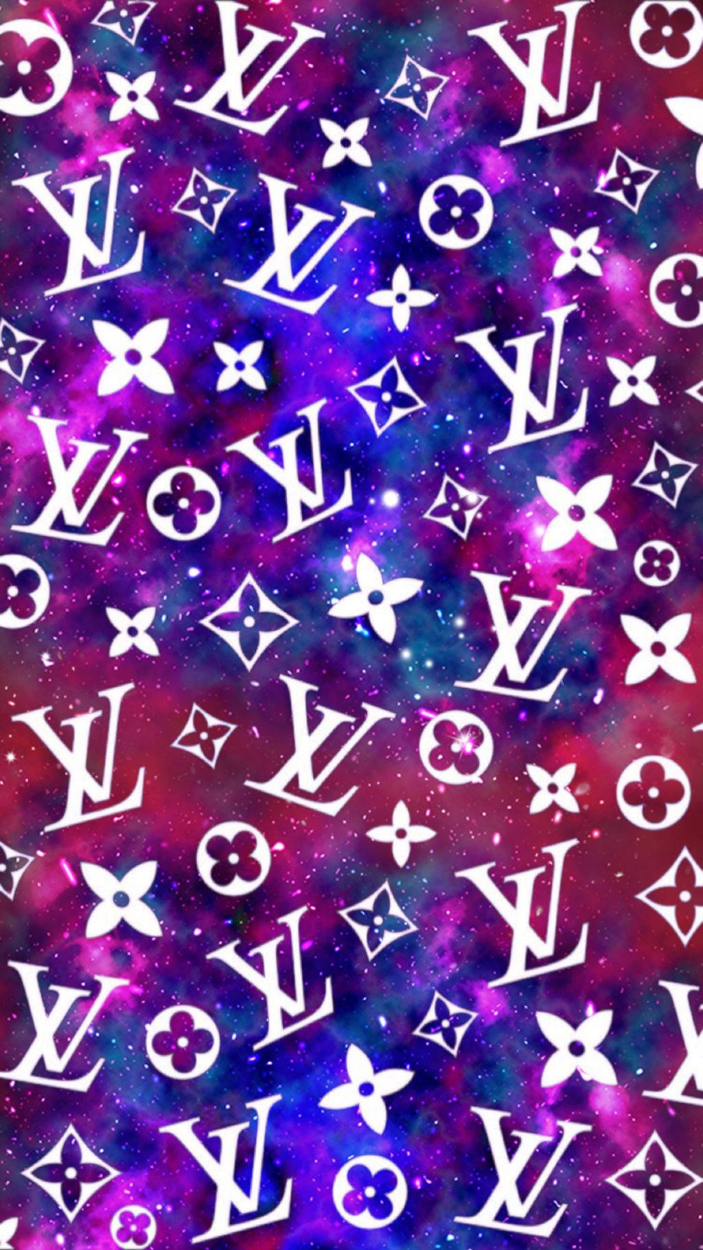 彩色宇宙星系背景上的白色路易威登字母圖案。