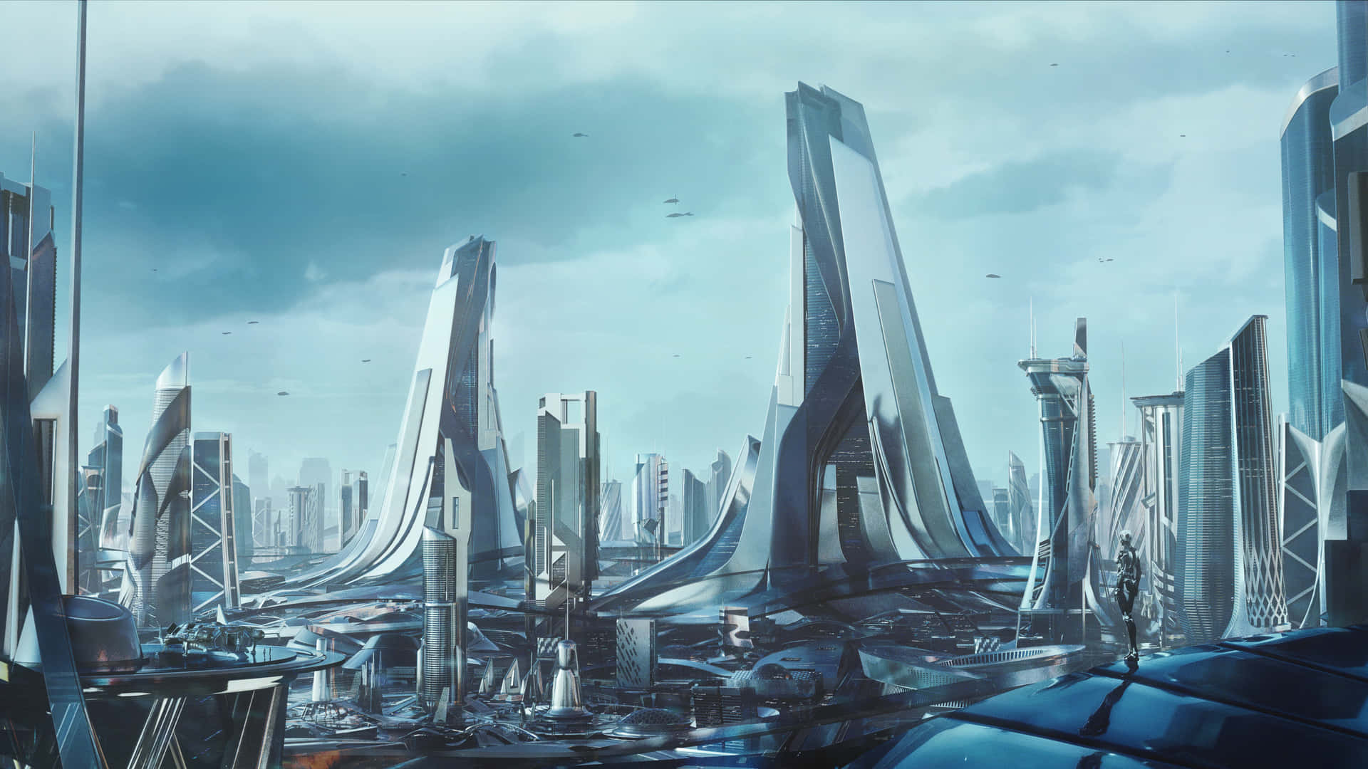 未來城市，高聳的金屬建築物和飛行車輛，天空多雲。