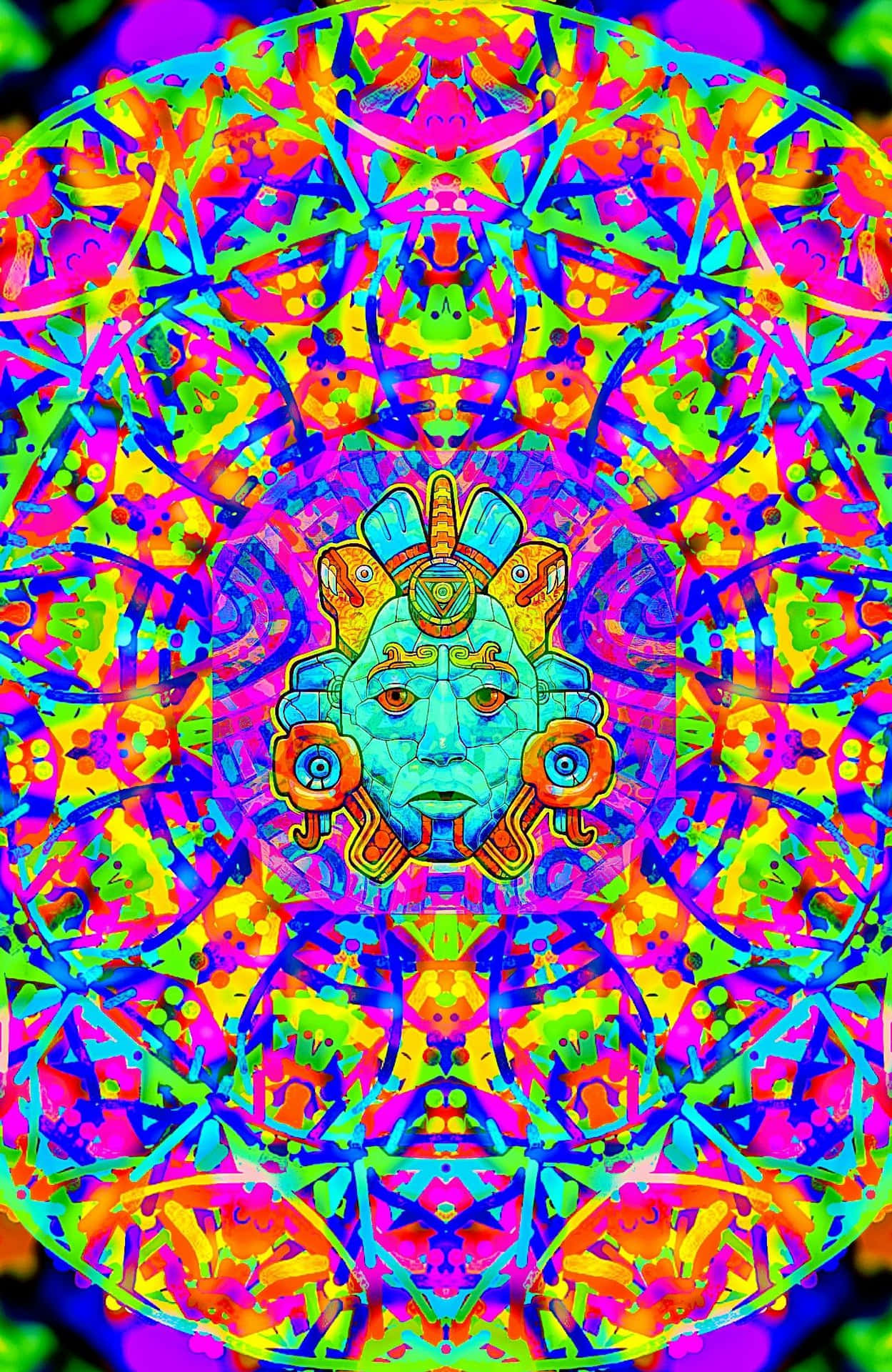 鮮豔的霓虹曼陀羅，中央有一個神靈面孔，帶有複雜的幾何圖案。