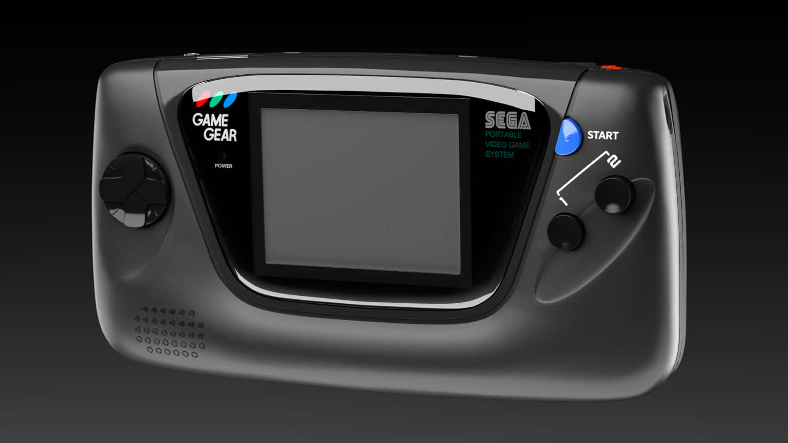 踏入未知領域 壁紙 — 一部時尚的黑色Sega Game Gear手提遊戲機，帶有發光的藍色啟動按鈕和銀色飾邊，背景為深色漸變。