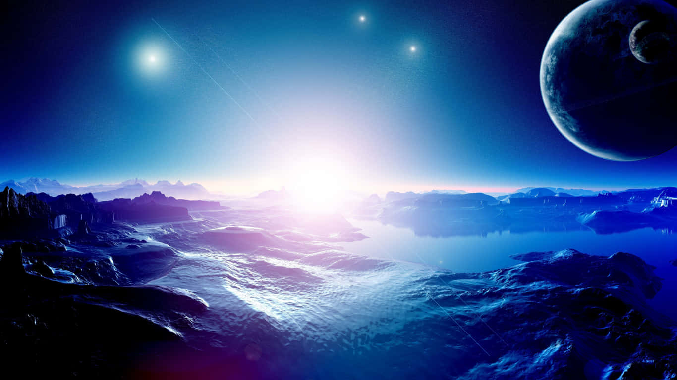 外星行星景觀，有發光的太陽和藍色天空中的大月亮。