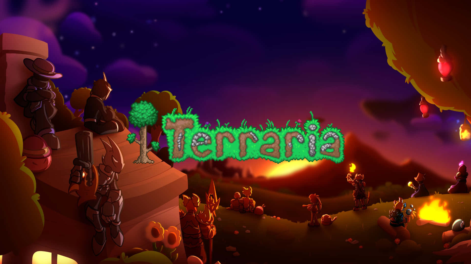 在 Terraria 遊戲場景中，角色在星光燦爛的黃昏天空下聚集在營火周圍。
