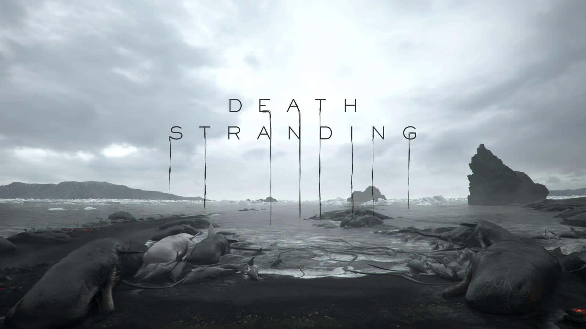 暴風雨的黑沙灘上散落著鯨魚屍體，遊戲標題 Death Stranding 懸浮在上方。