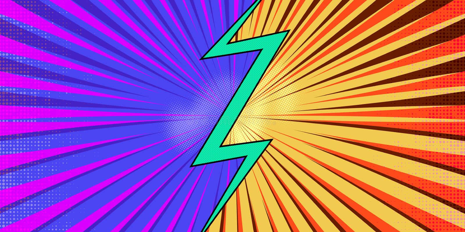一個風格化的綠色閃電，在紫色和橙色的放射狀背景上迸發能量。