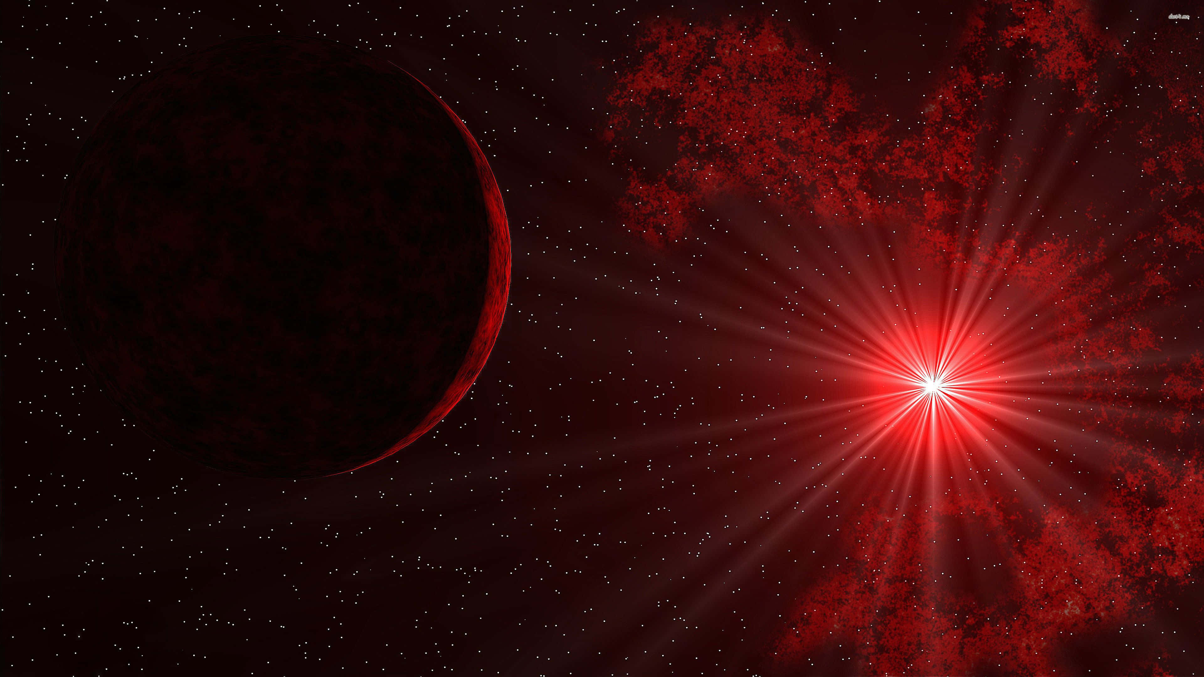 踏入紅色宇宙，感受宇宙之力 壁紙 — 一顆暗紅色行星聳立在一個佈滿星星的宇宙虛空中，旁邊是光芒四射的紅色星爆。