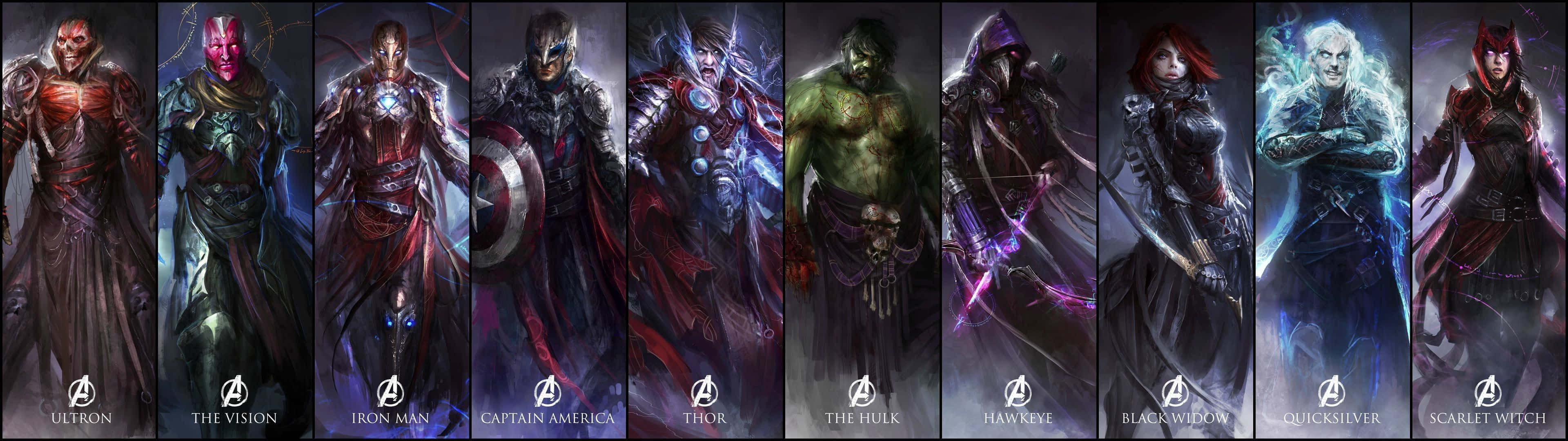 漫威角色包括 Utron、Vision、Iron Man、Captain America、Thor、Hulk、Hawkeye、Black Widow、Quicksilver 和 Scarlet Witch。