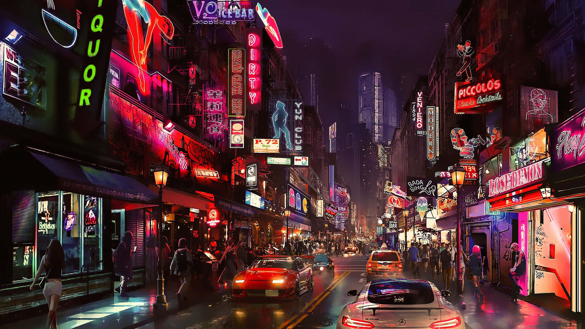 霓虹燈照亮夜晚的城市街道，發光招牌和潮濕路面反射光線。