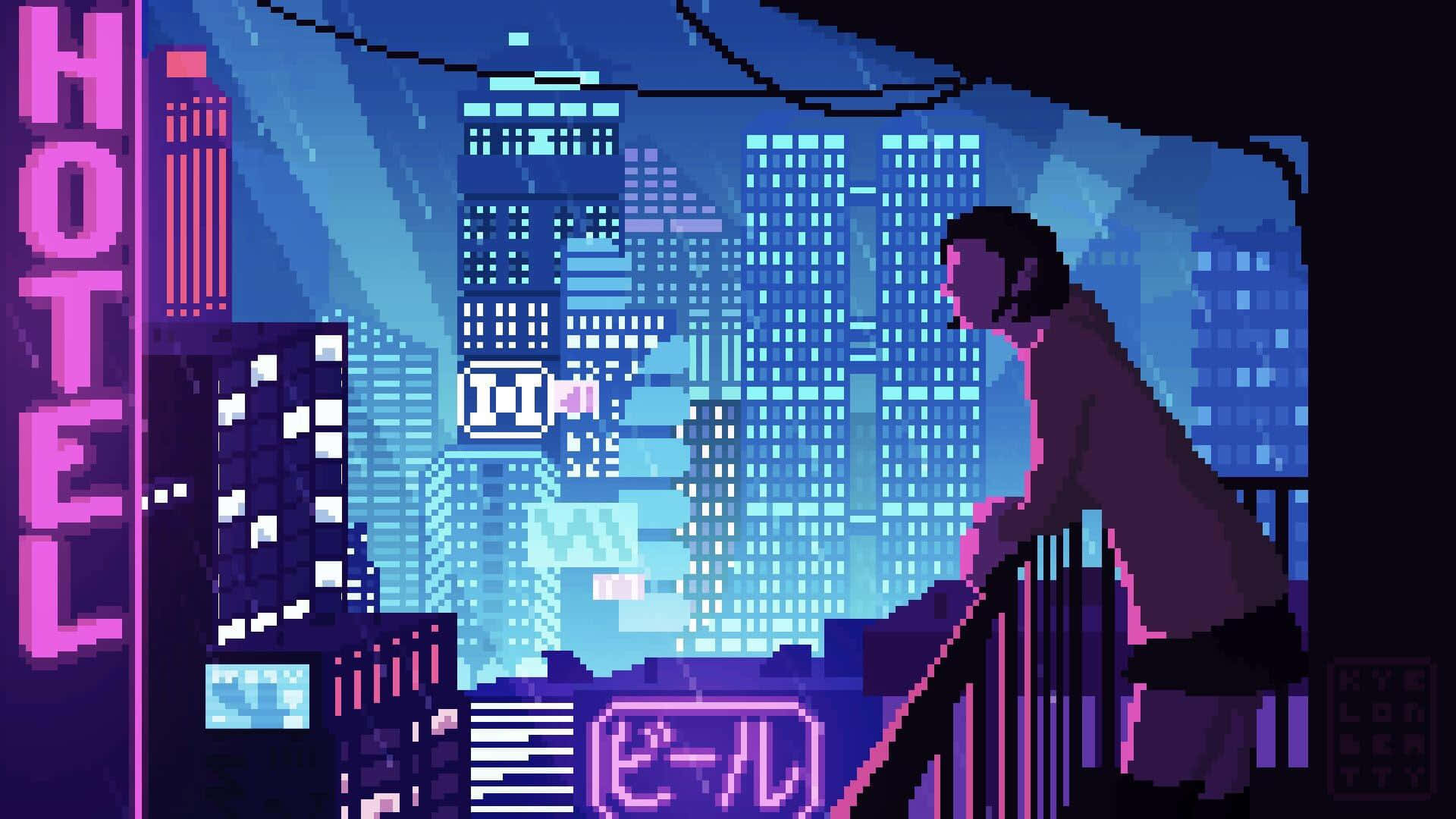 一個人站在陽台上俯瞰夜晚發光的城市天際線。