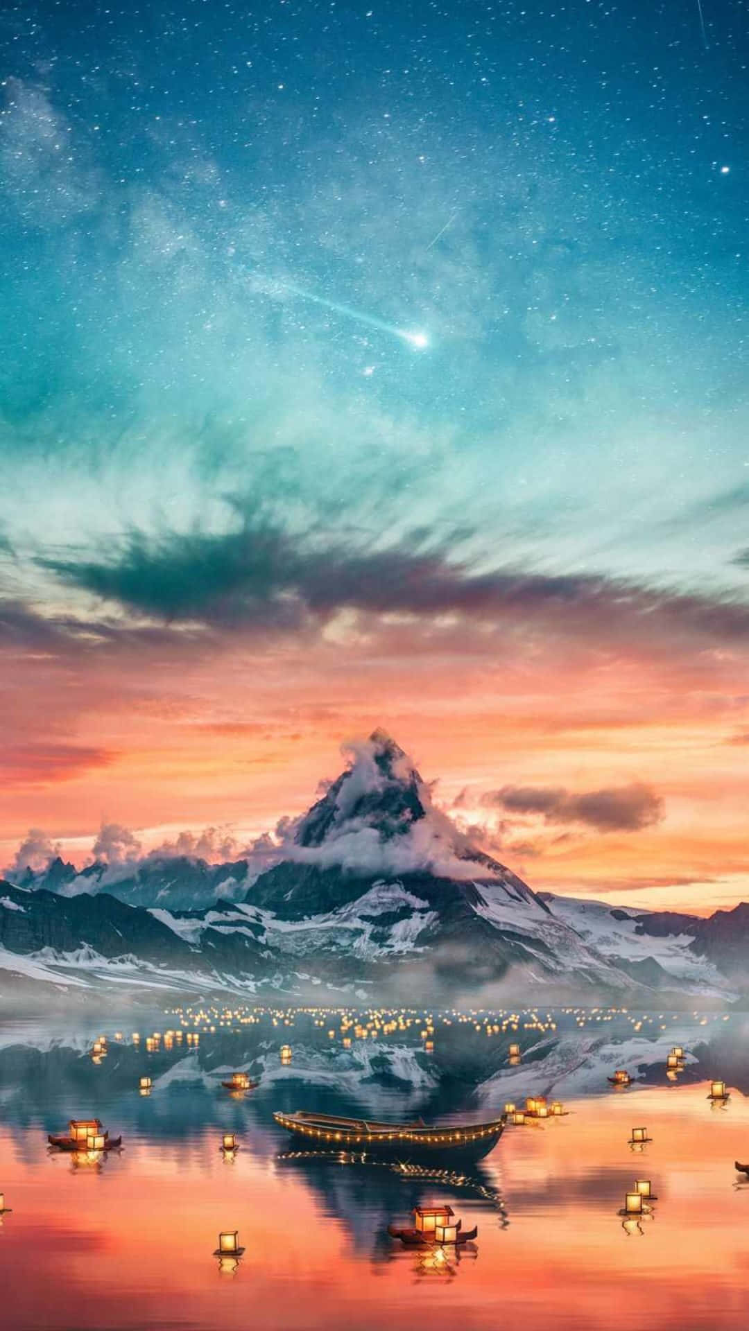 雪山和發光的燈籠漂浮在水面上，下方是繁星點點的暮色天空