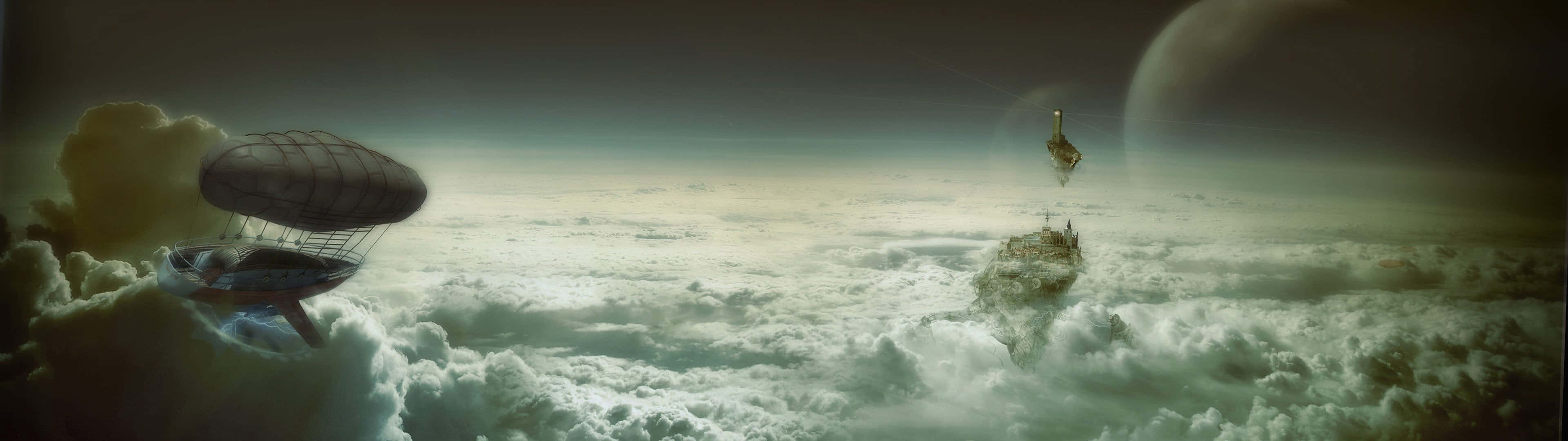 蒸氣龐克飛船和浮島在暮色天空下的雲層之上，遠處有行星。