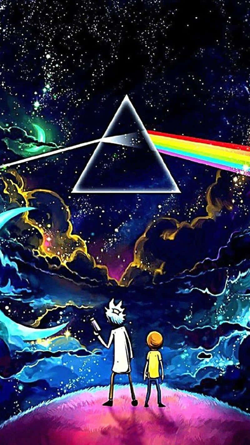 瑞克和莫蒂抬頭看著一個在太空中創造彩虹的棱鏡。