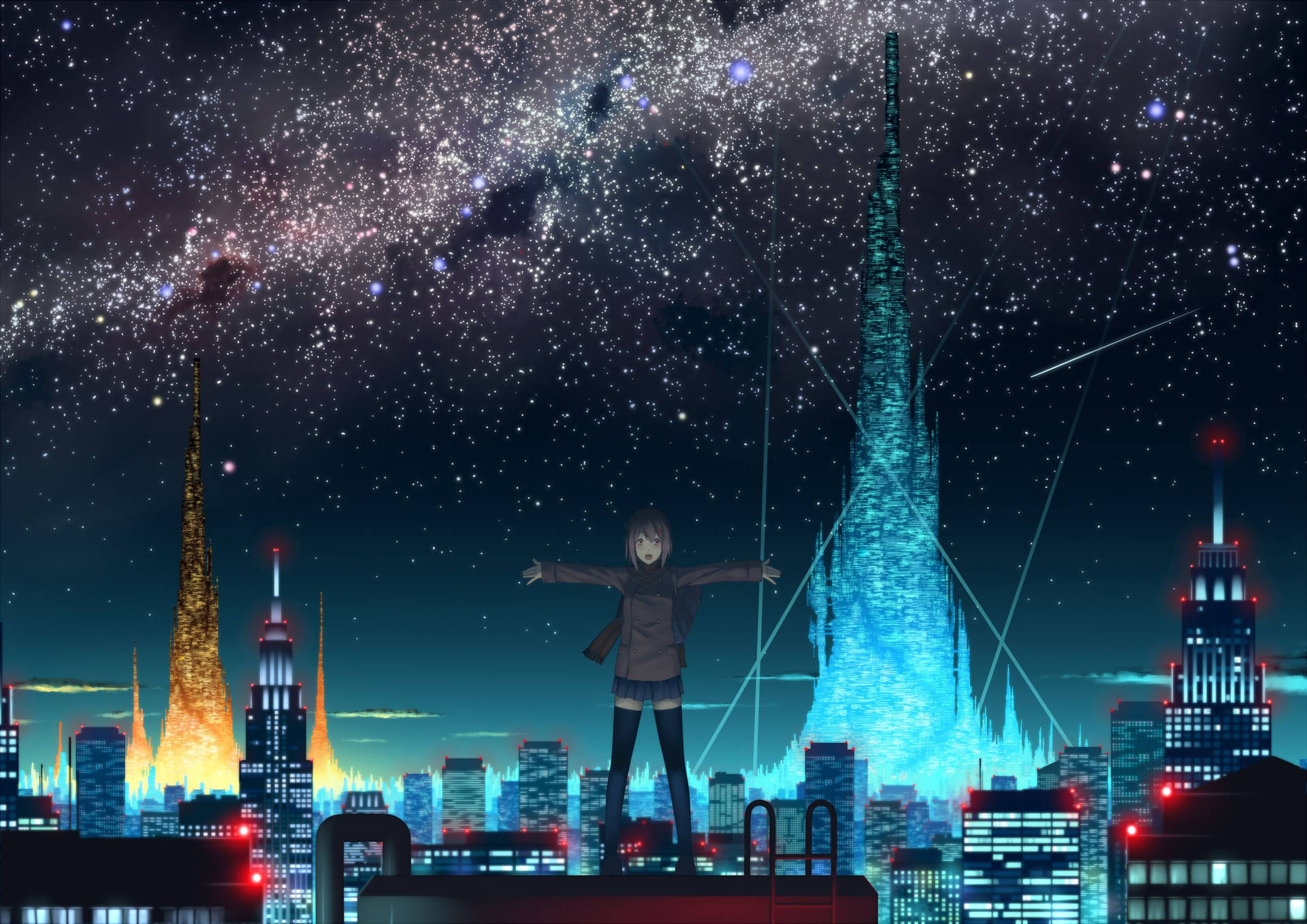 動漫女孩在屋頂上俯瞰著星空下發光的未來城市